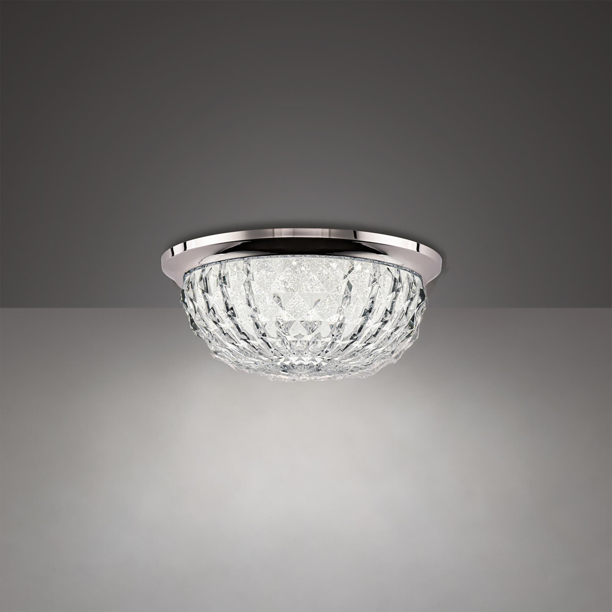 Shown in Polished Chrome finish and Optic crystal and Crystal glass