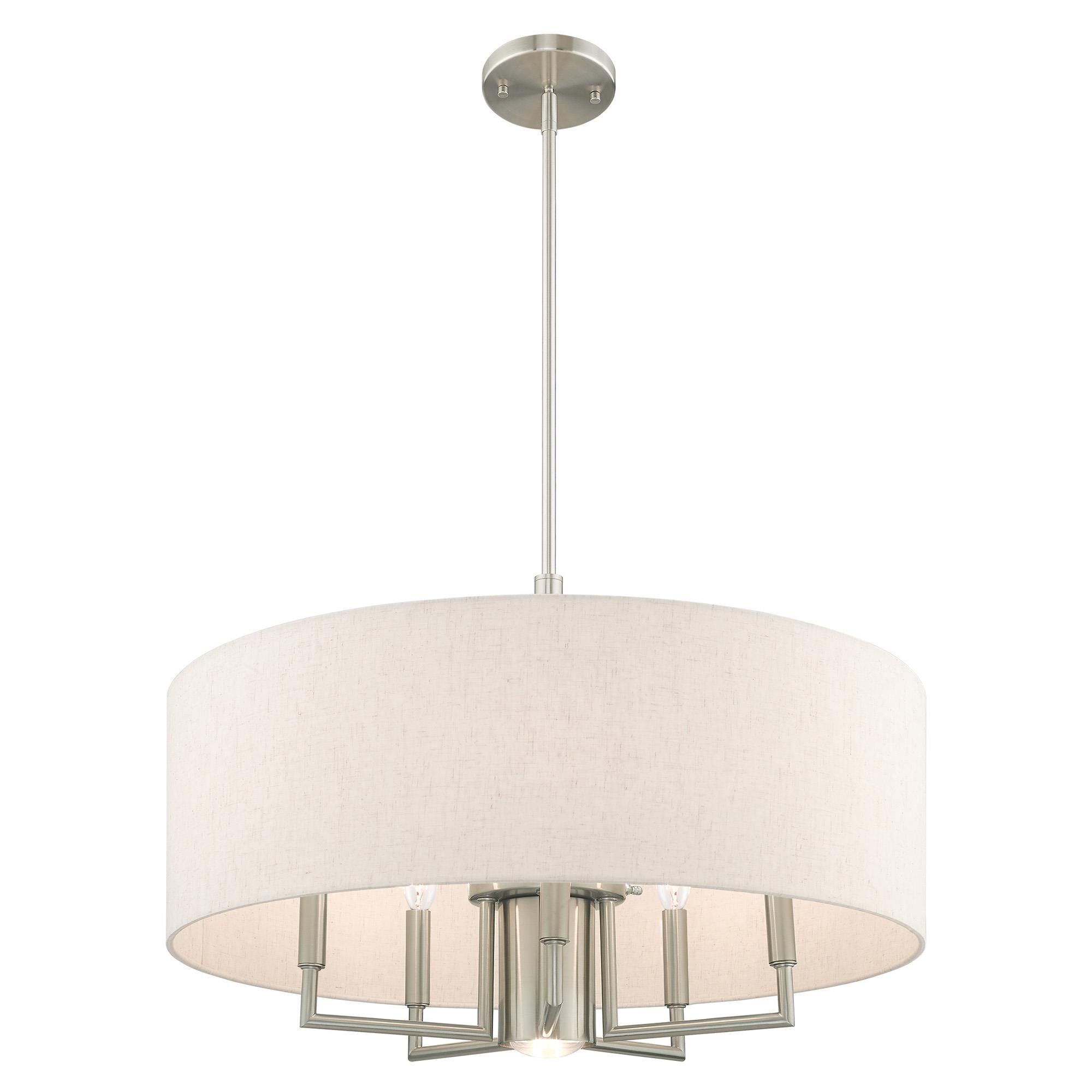 Shown in Brushed Nickel finish and Hand Crafted Oatmeal Fabric Hardback shade