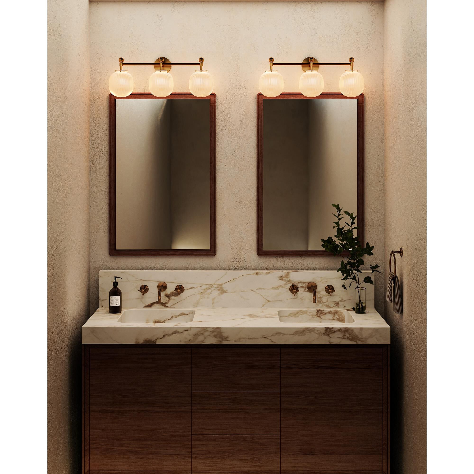 Shown in Brushed Gold finish and Glossy Ribbed Opal glass