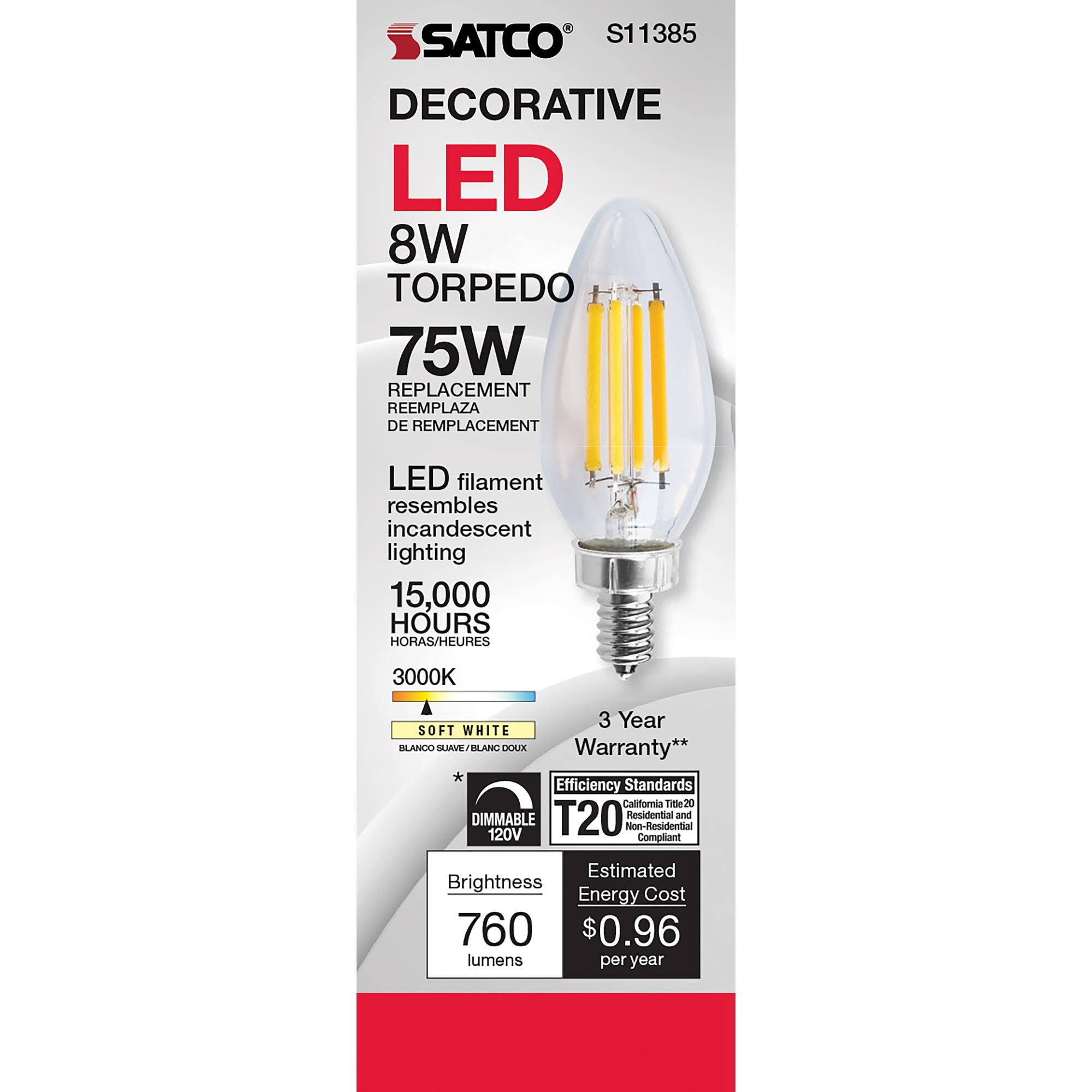 Dimmable 8 Watt 3000K C11 LED Light Bulb by Satco