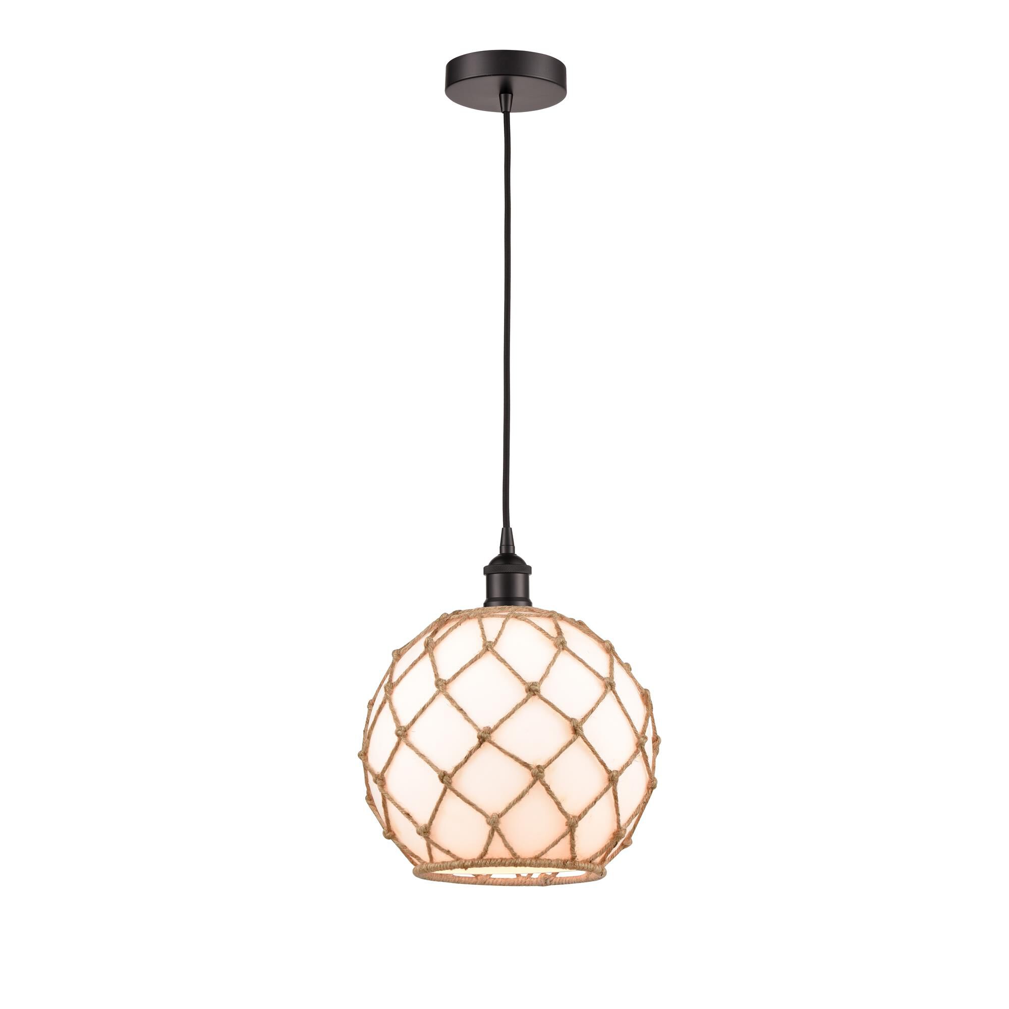 Shown in Oil Rubbed Bronze finish and White Large Farmhouse With Brown Rope glass
