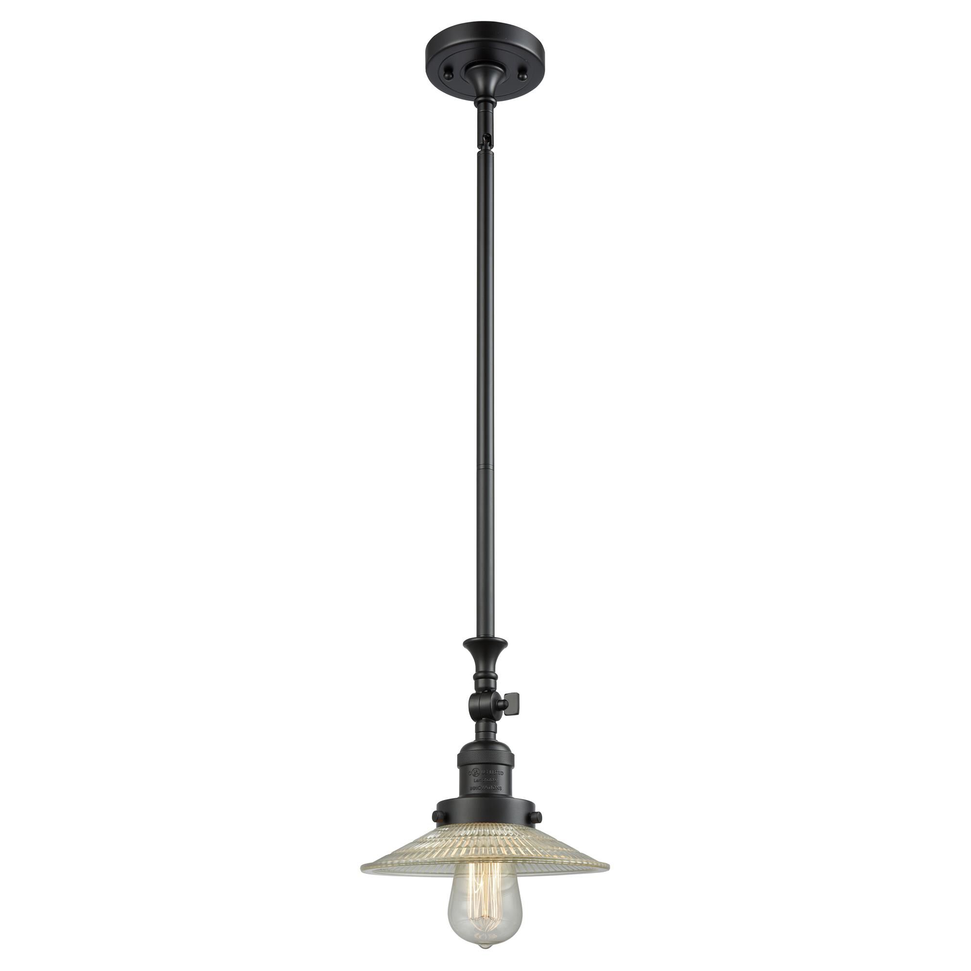 Shown in Matte Black finish and Clear Halophane glass