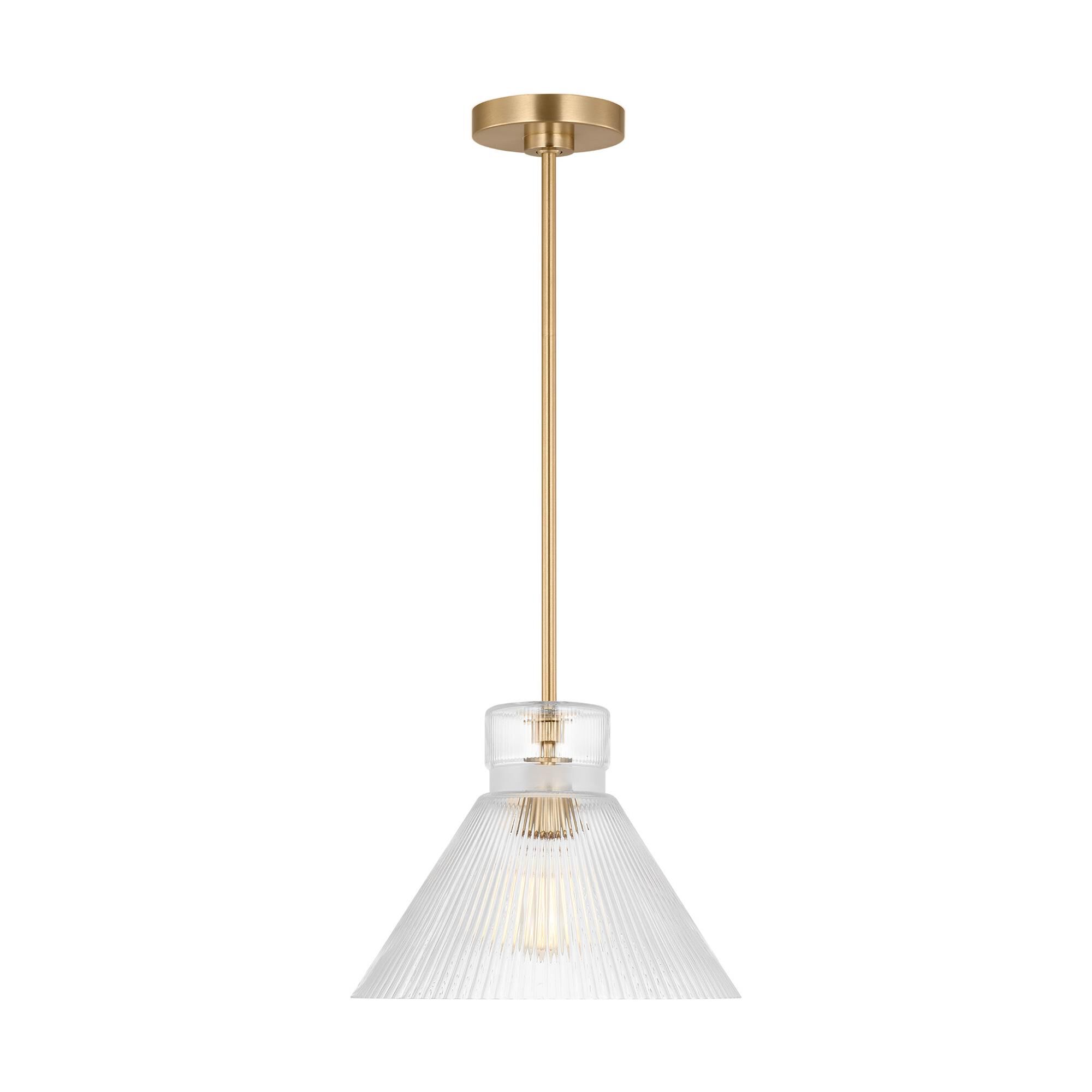 Shown in Satin Brass finish and Clear Ribbed glass