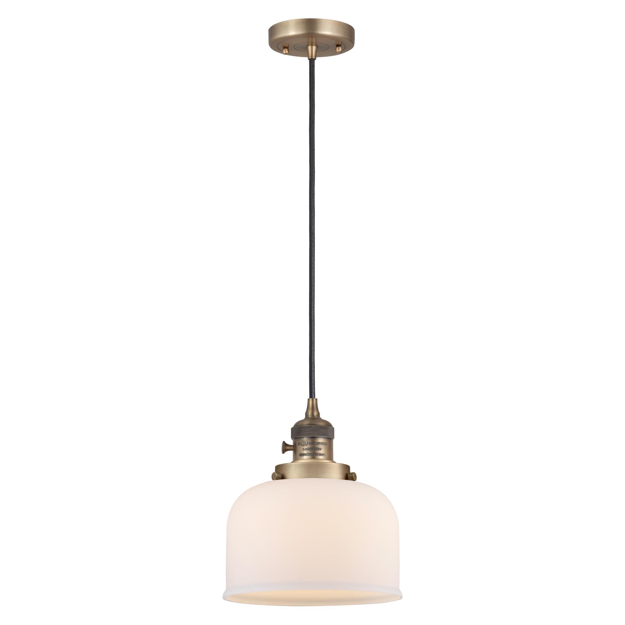 Shown in Brushed Brass finish and Matte White glass