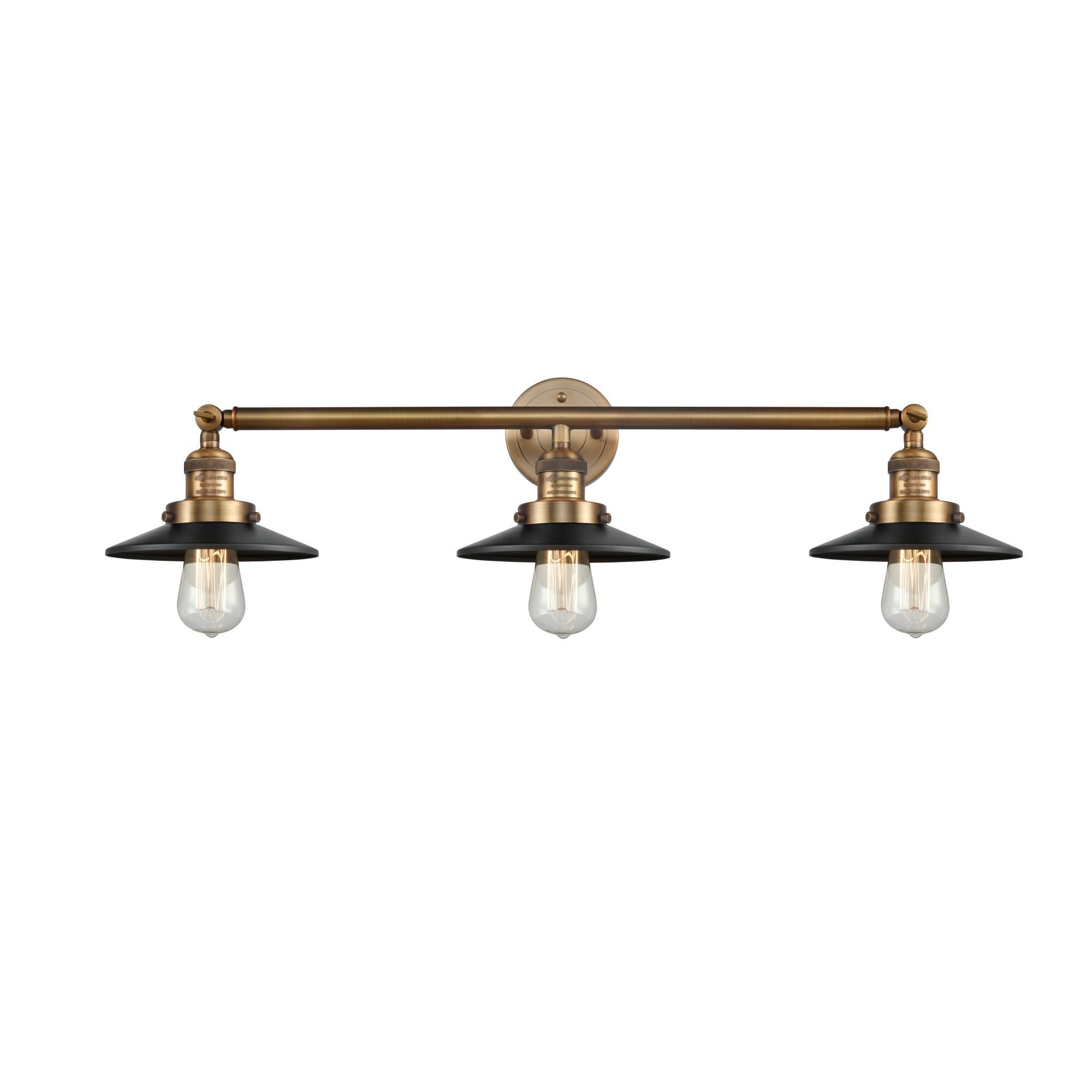 Shown in Brushed Brass finish and Matte Black Railroad shade
