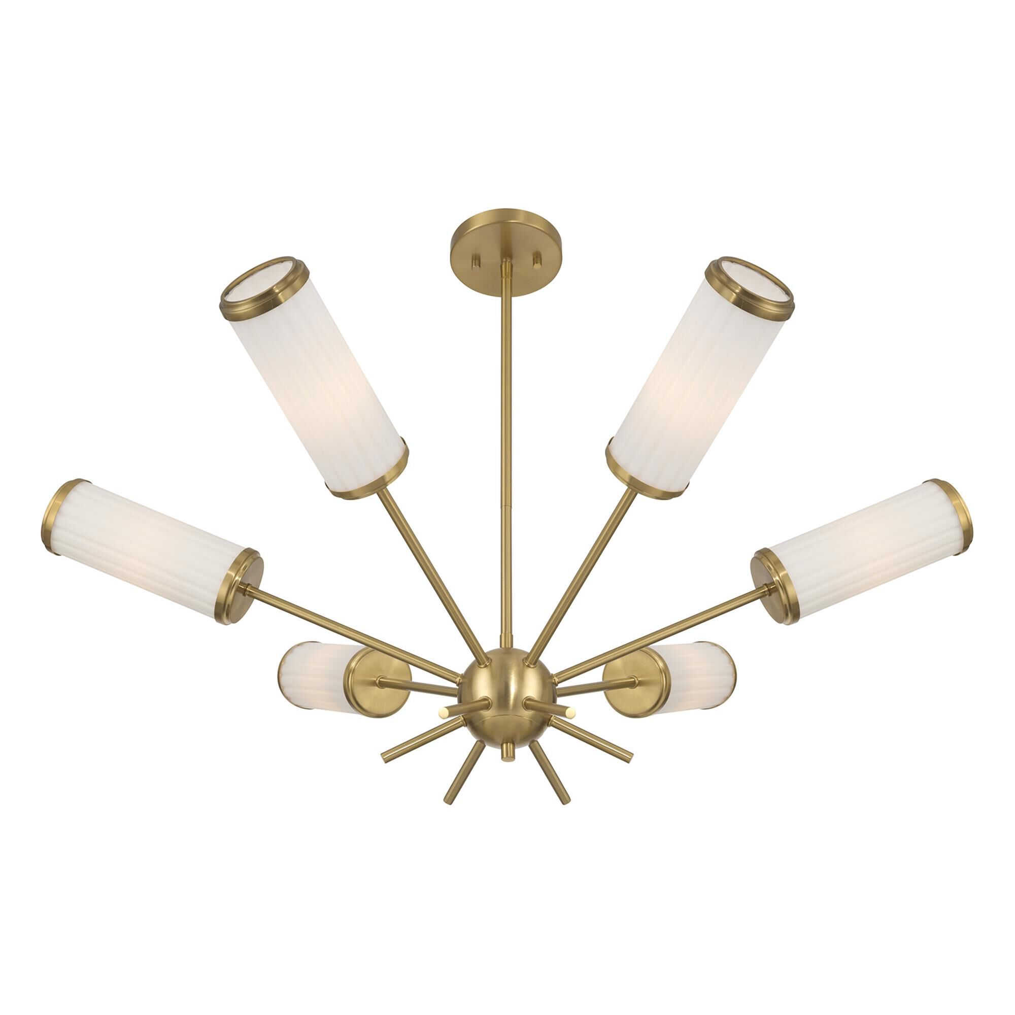 Shown in Warm Brass finish and White Opal Ribbed glass