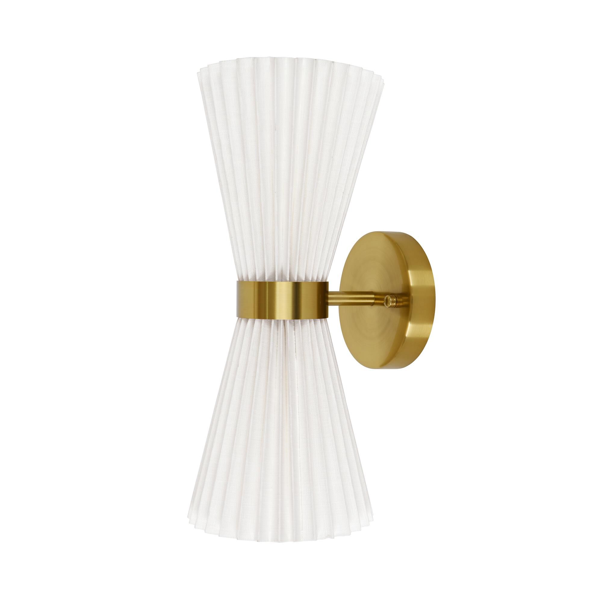 Shown in Brass and White finish and White Linen shade