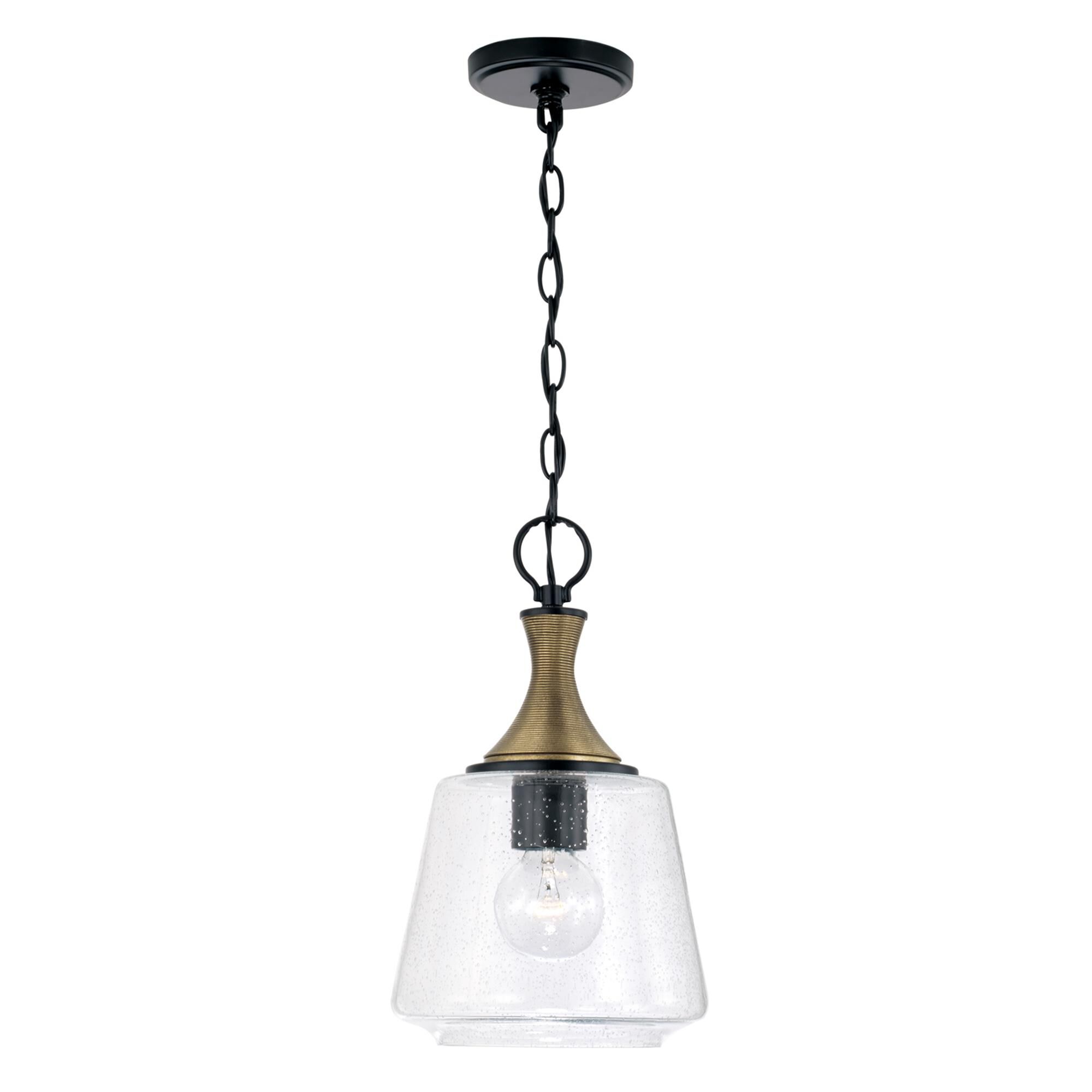 Shown in Matte Black With Brass finish and Clear Seeded glass