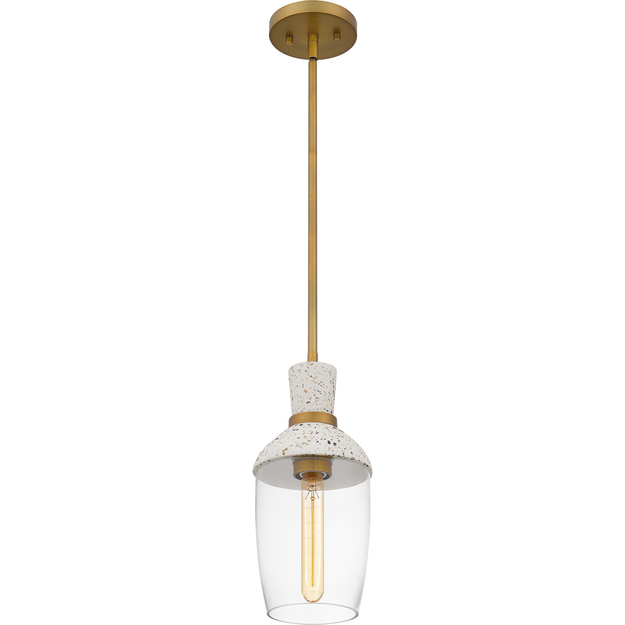 Shown in Aged Brass finish and Clear Glass shade
