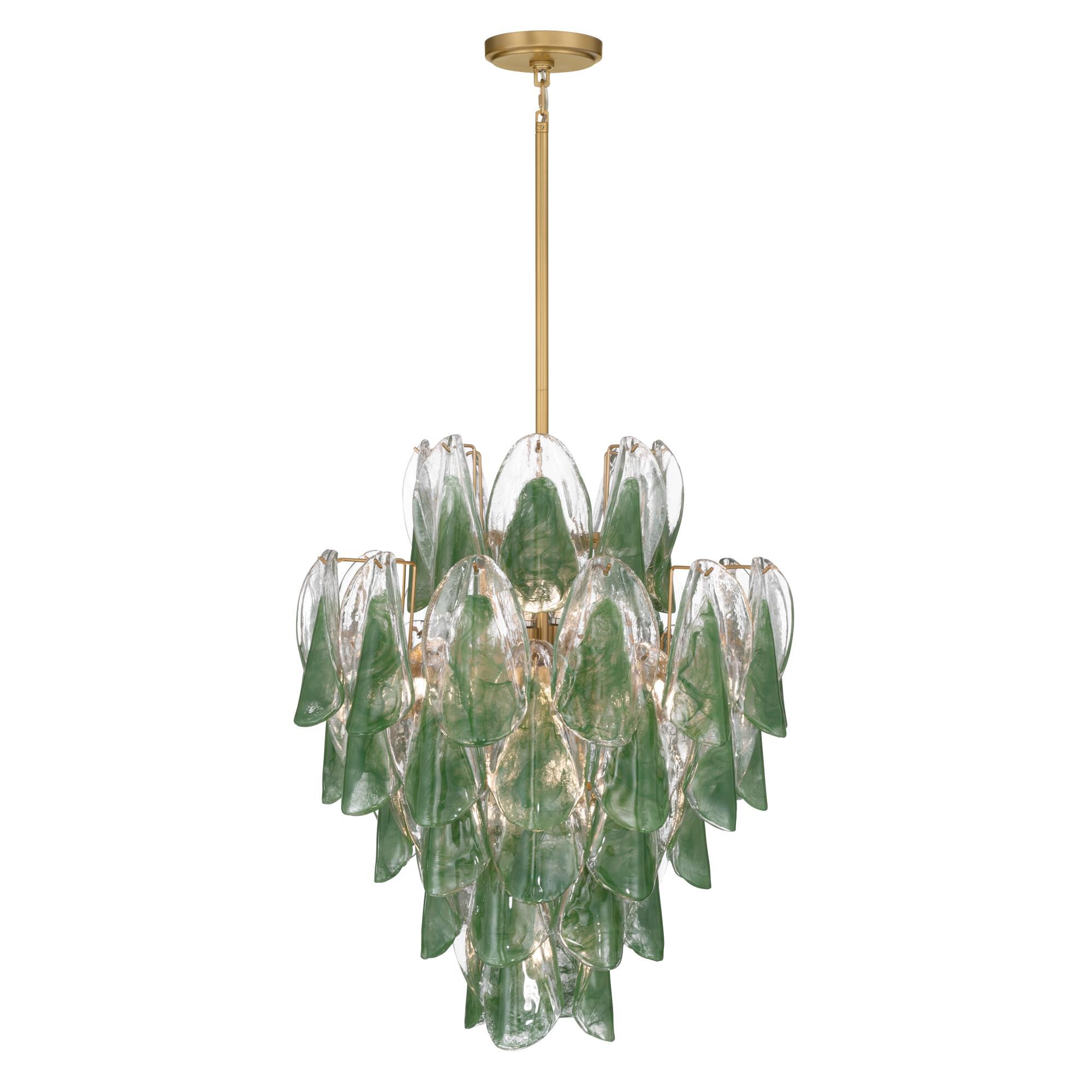 Shown in Legacy Brass finish and Green and Clear Hand-Formed glass