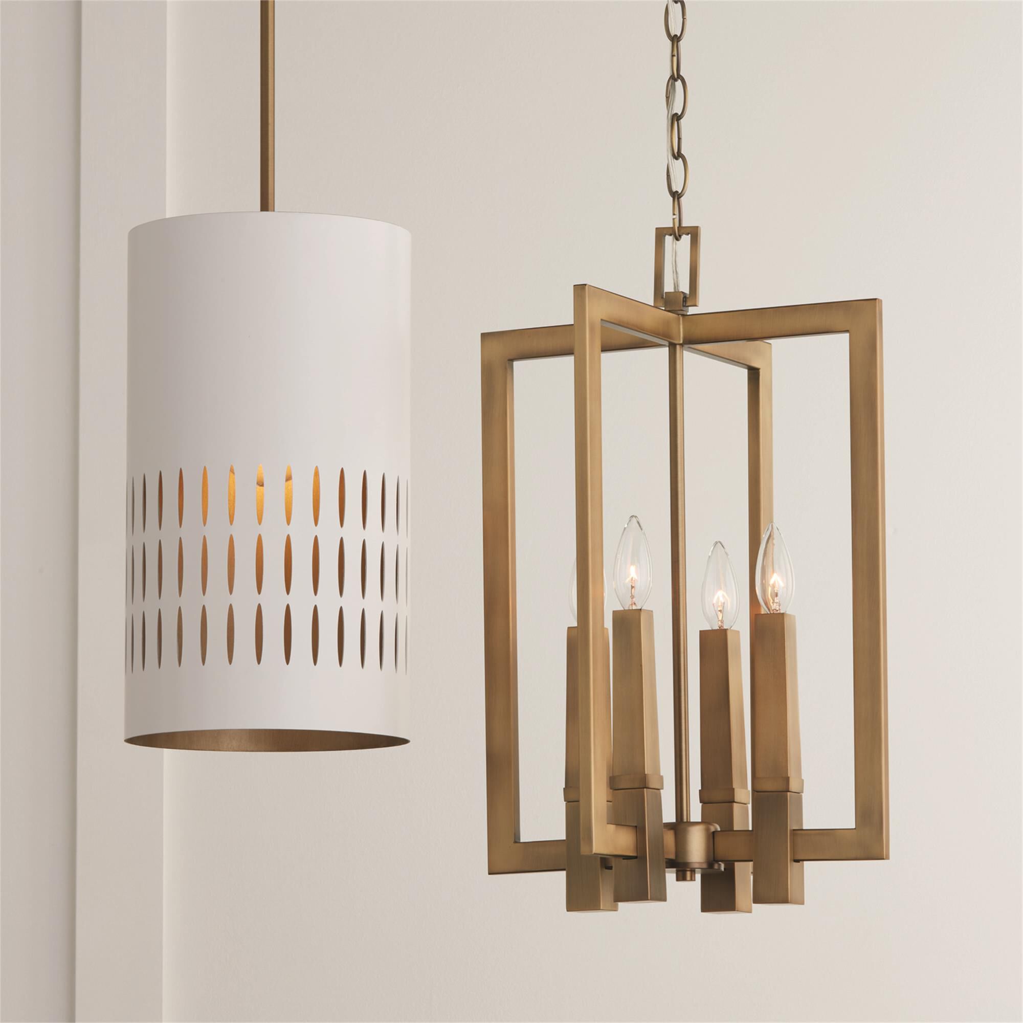 Shown in Aged Brass and White finish and White Metal  with Painted Aged Brass Interior shade