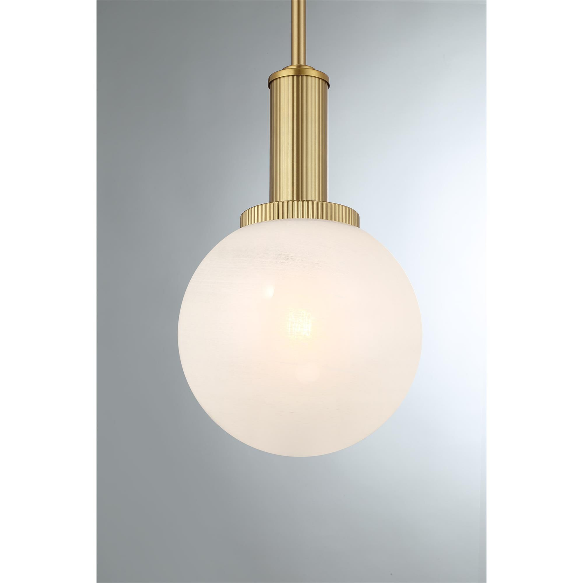 Shown in Natural Brass finish and White Strie glass