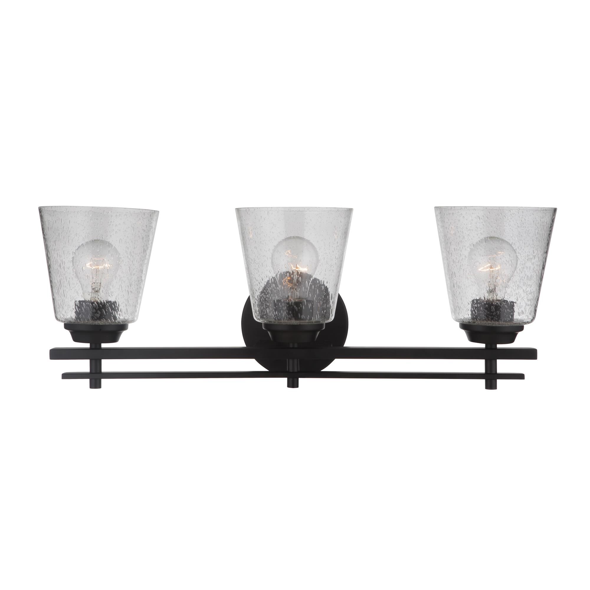 Shown in Flat Black finish and Clear Seeded glass and Glass shade