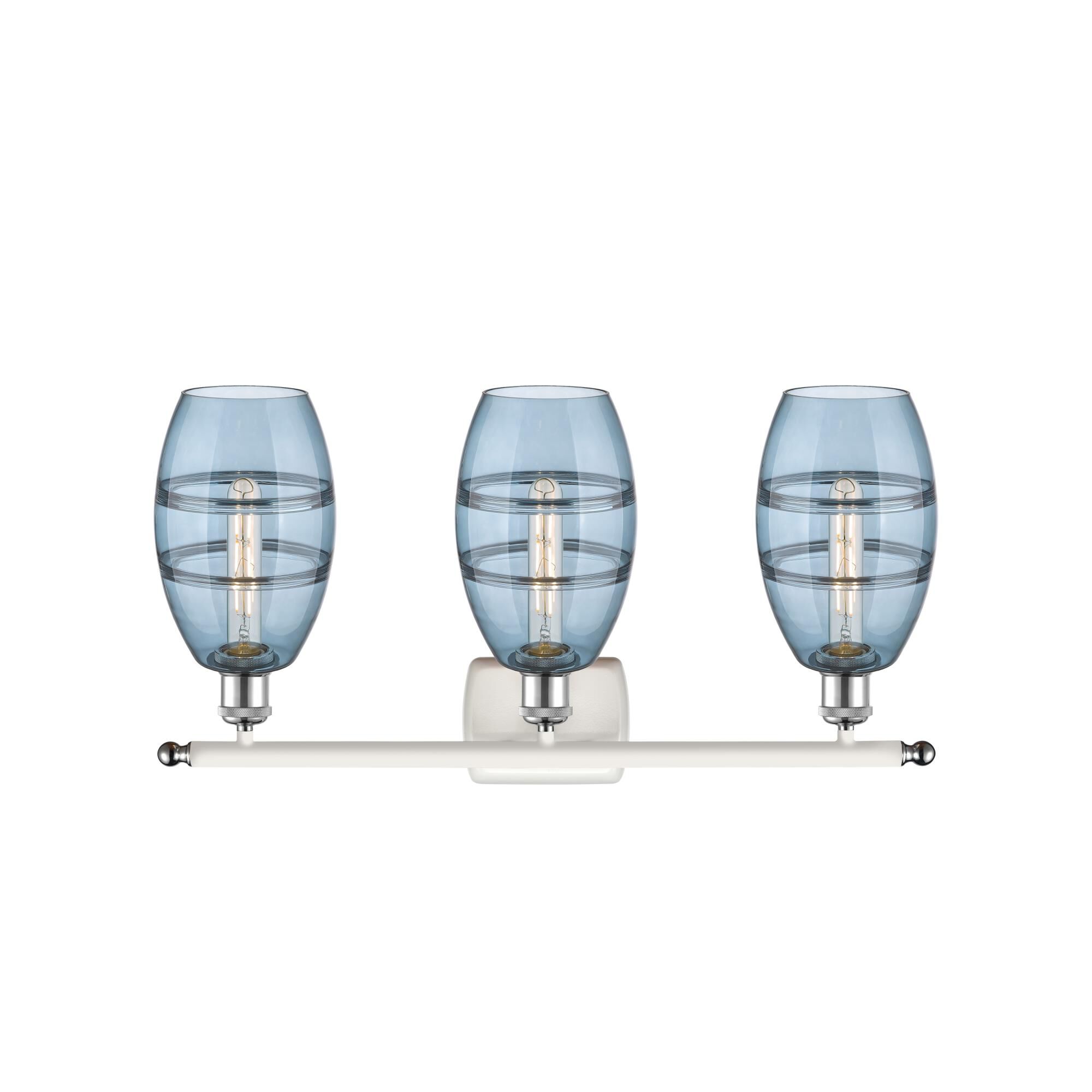 Shown in White Polished Chrome finish and Princess Blue glass