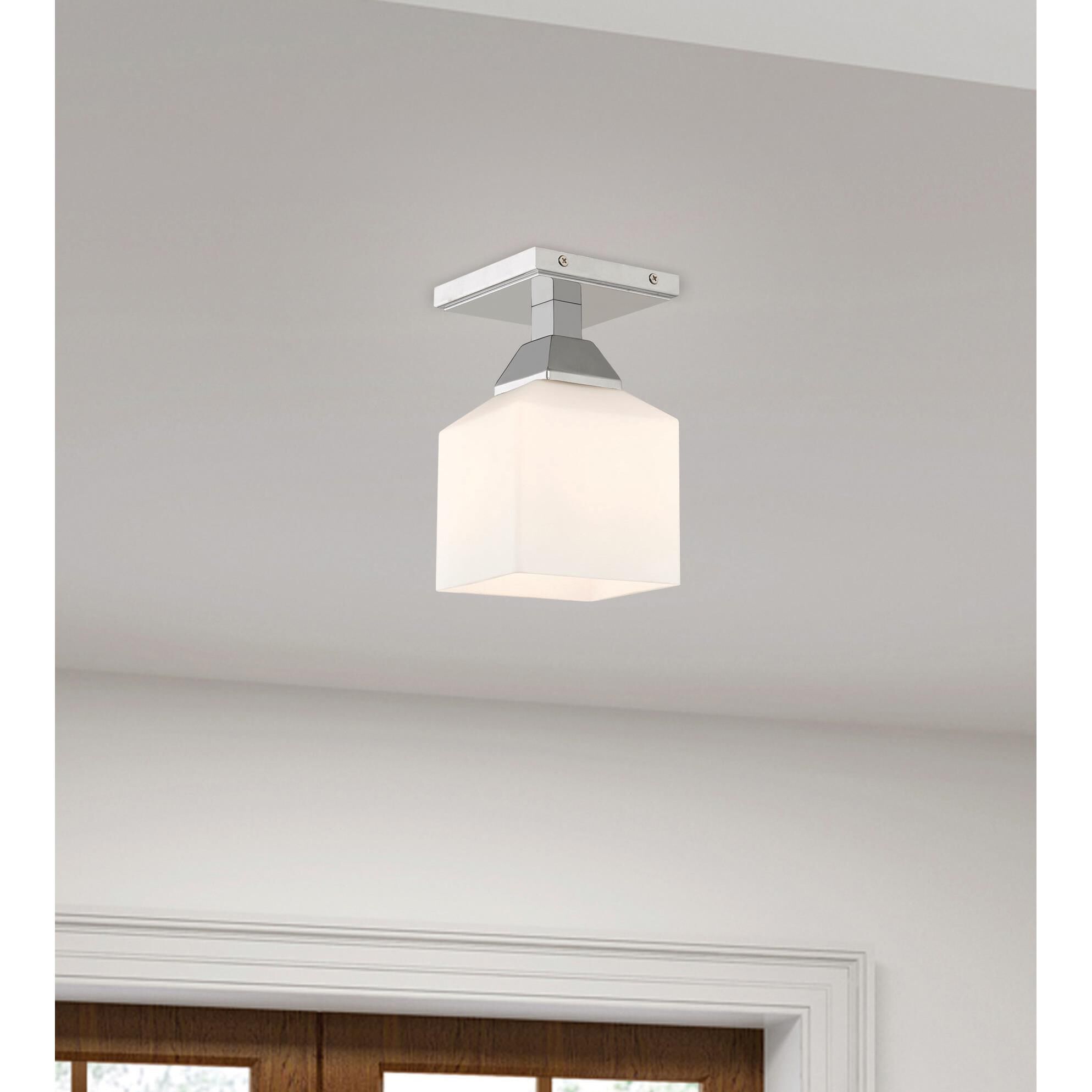 Shown in Polished Chrome finish and Hand Blown Satin Opal White glass