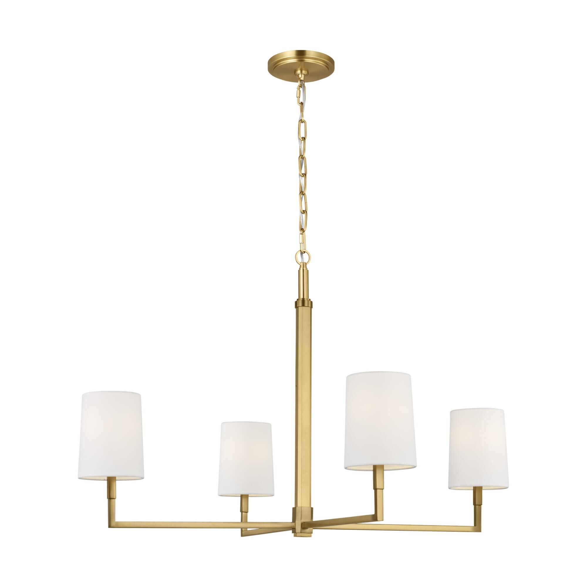 Shown in Burnished Brass finish and White Linen shade