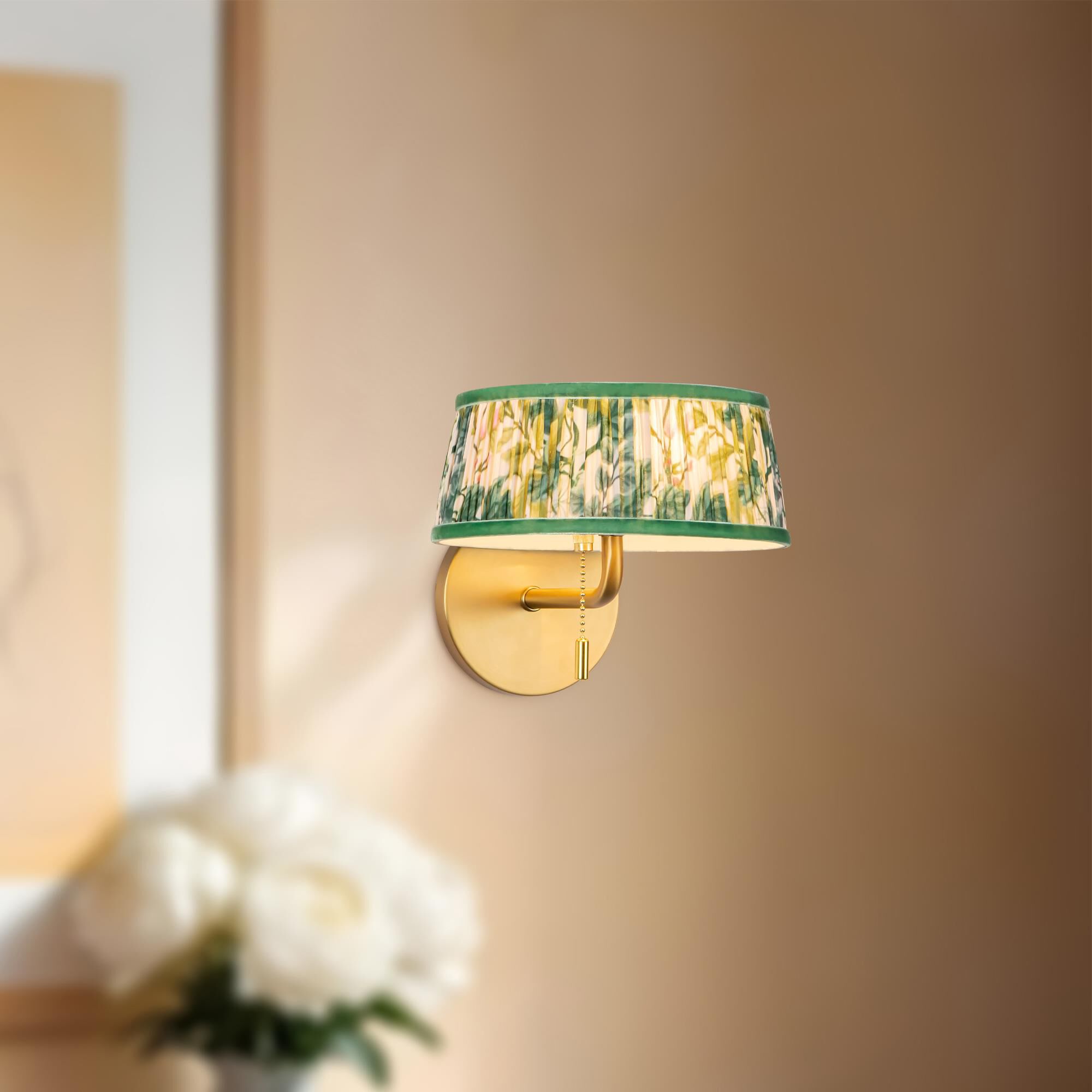 Shown in Brushed Gold finish and Green Linen shade