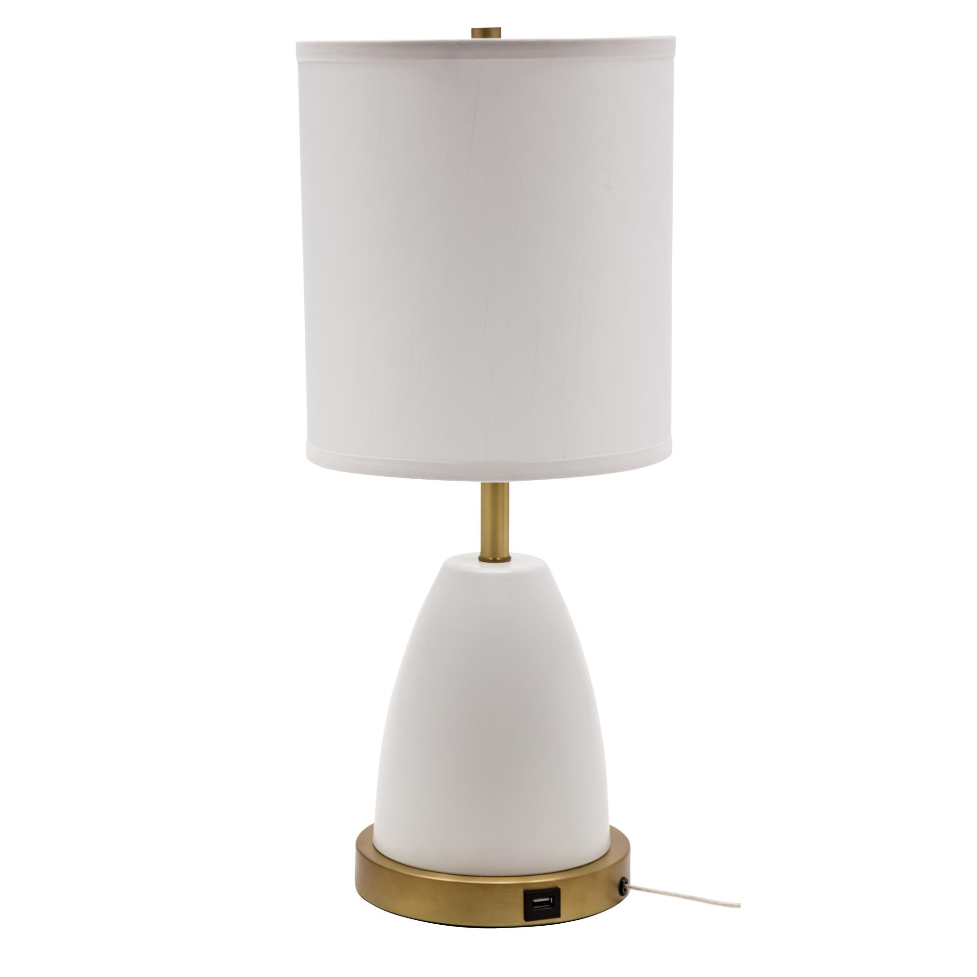 Shown in White With Weathered Brass Accents finish and White Linen Hardback shade and Weathered Brass accent