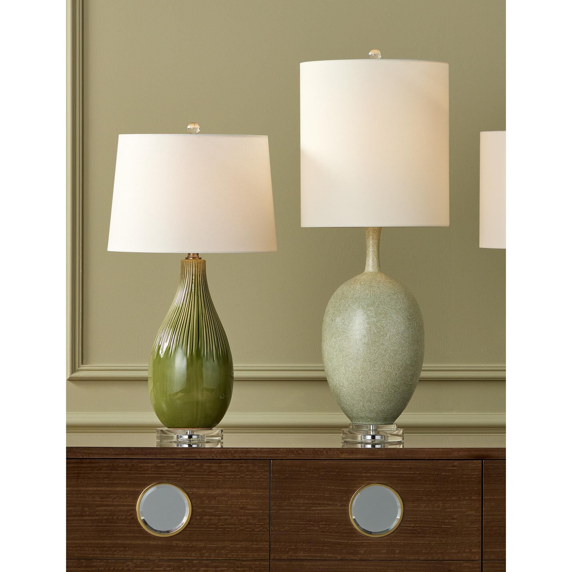 Shown in Pale Green, Off-White and Satin Nickel finish and White Linen shade