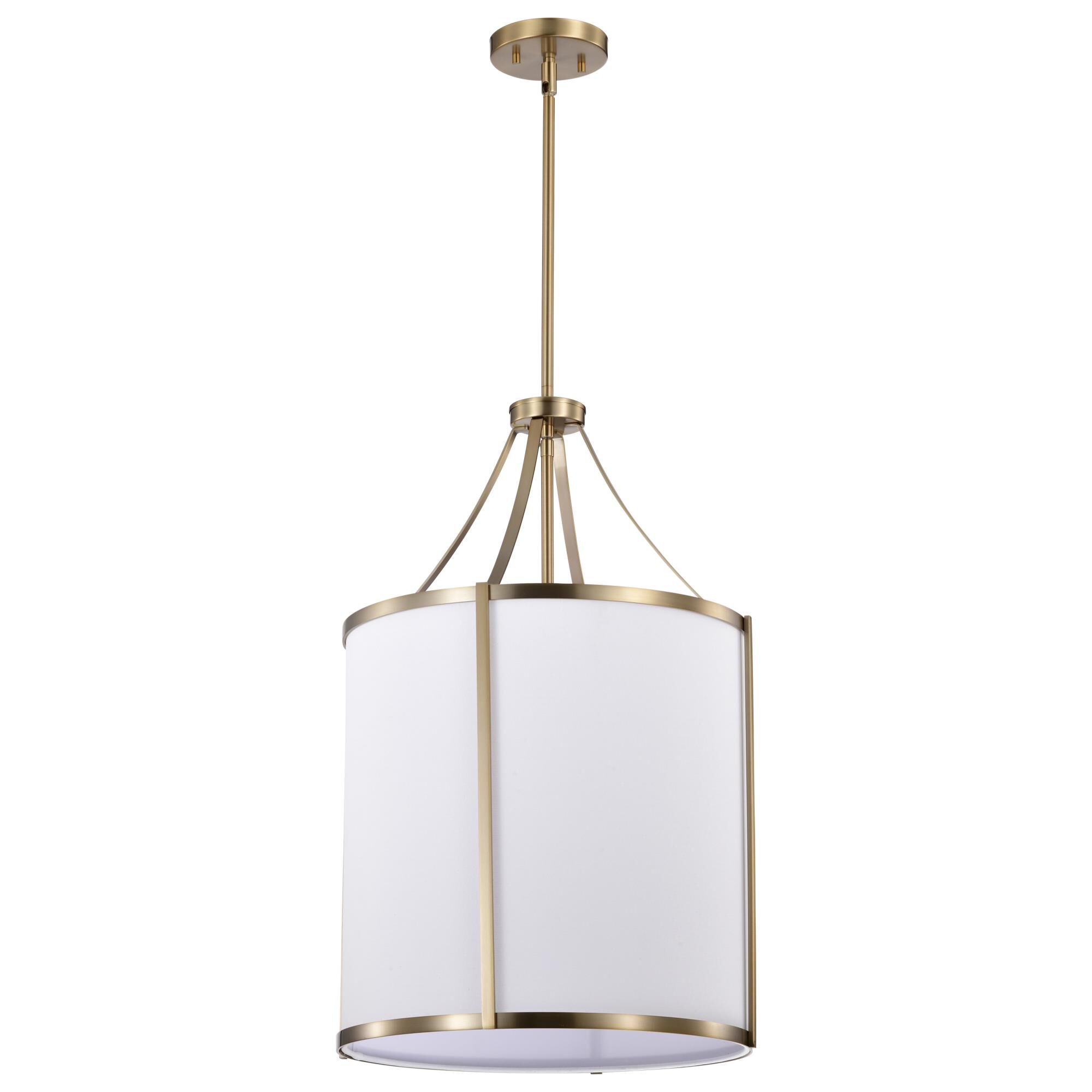 Shown in Burnished Brass finish and White Linen shade