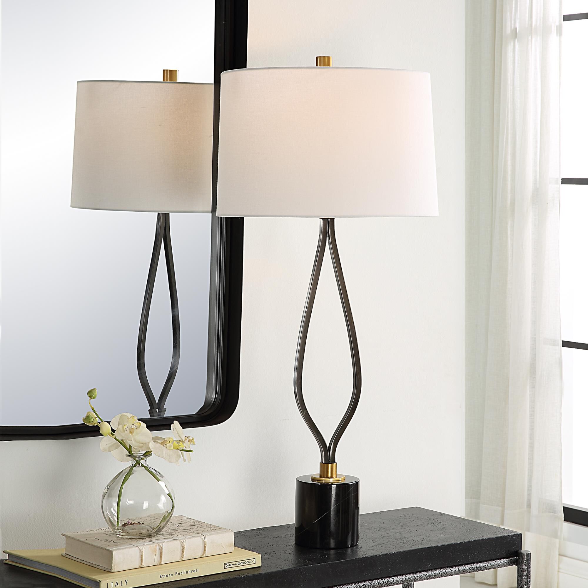 Shown in This Tall Table Lamp Has A Wishbone Shaped Iron Base Finish In A Rustic Black Paired With Antique Br finish and Round Hardback shade