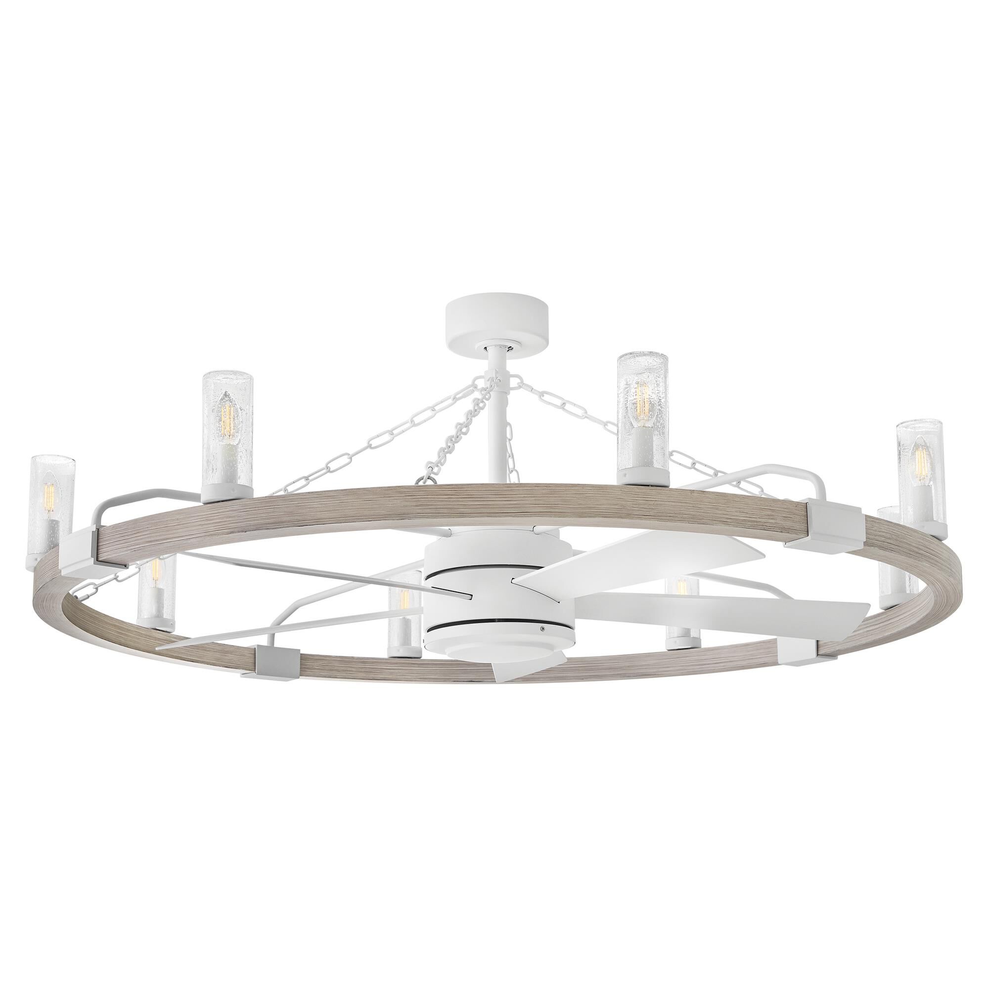 Shown in Matte White with Weathered Wood finish and Clear Seedy glass