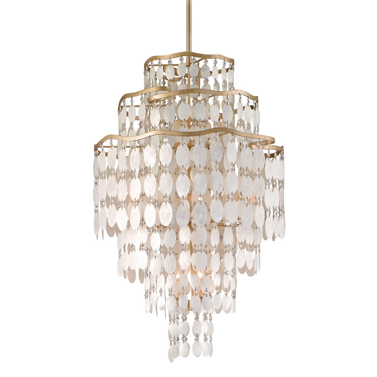 Shown in Champagne Leaf finish and Capiz, Clear glass and Capiz Shell, Crystal shade