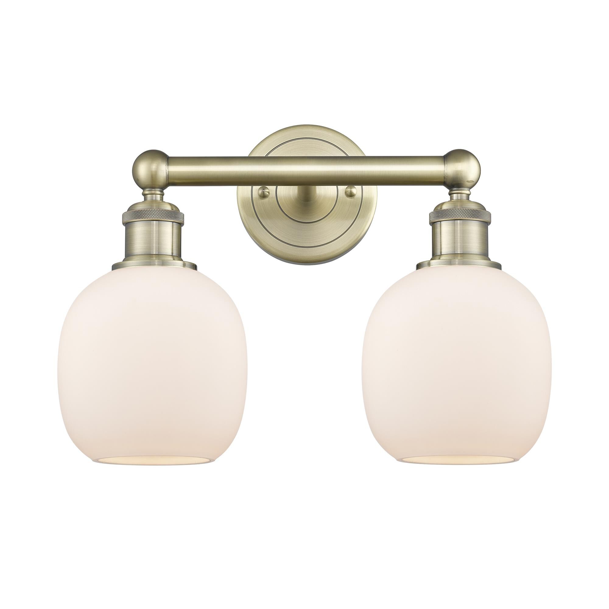 Shown in Antique Brass finish and Matte White glass