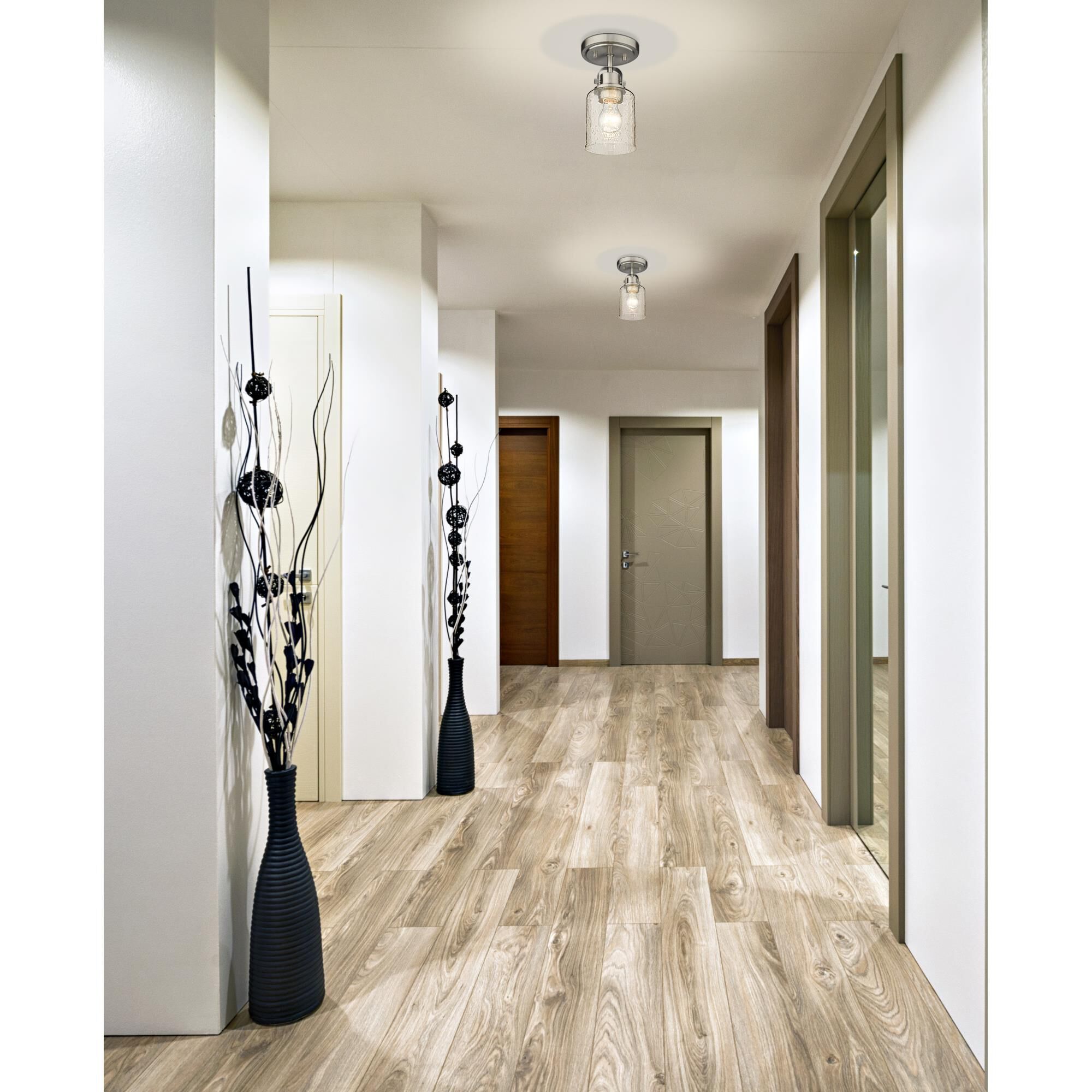 Shown in Brushed Nickel finish and Clear Seeded glass and No Shade shade