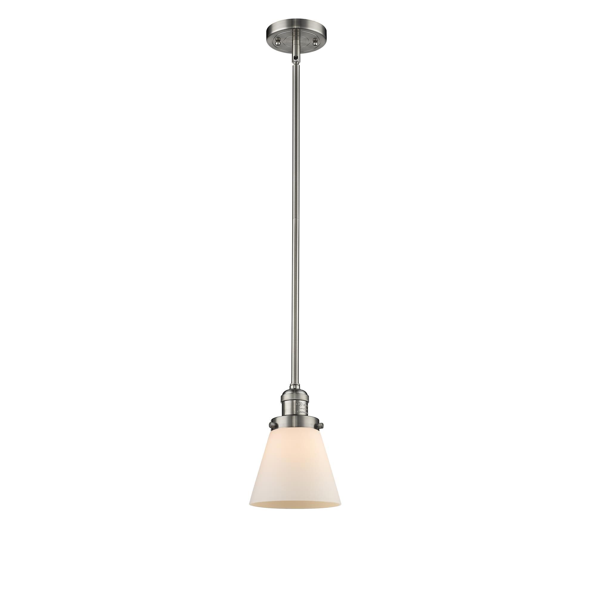 Shown in Brushed Satin Nickel finish and Matte White Cased glass