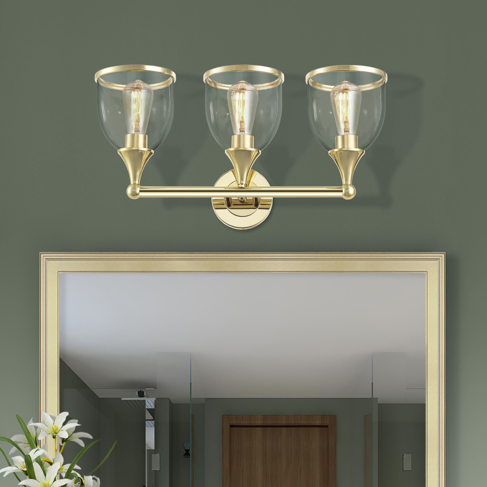 Shown in Polished Brass finish and Mouth Blown Clear glass