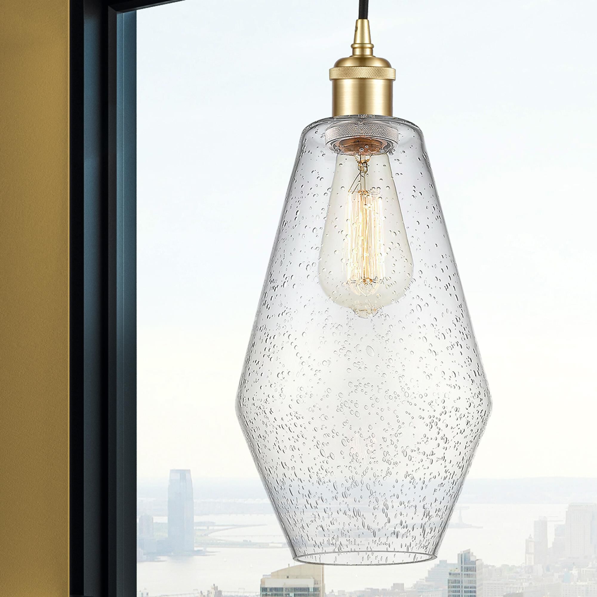 Shown in Satin Gold finish and Seedy glass