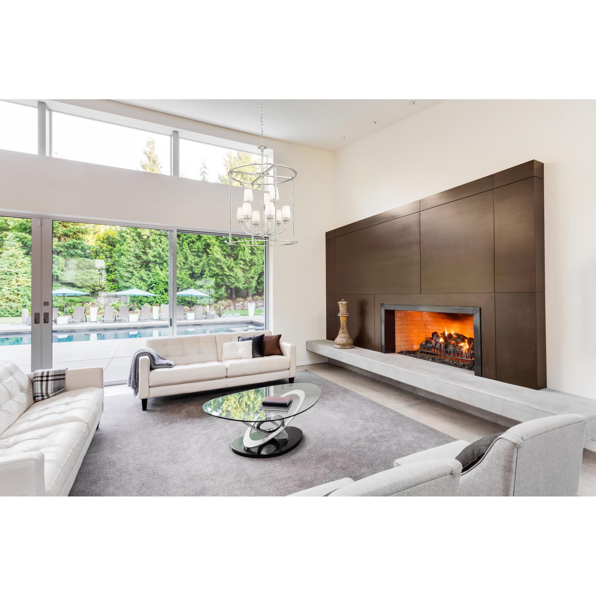 Shown in Brushed Nickel finish and White glass and White shade