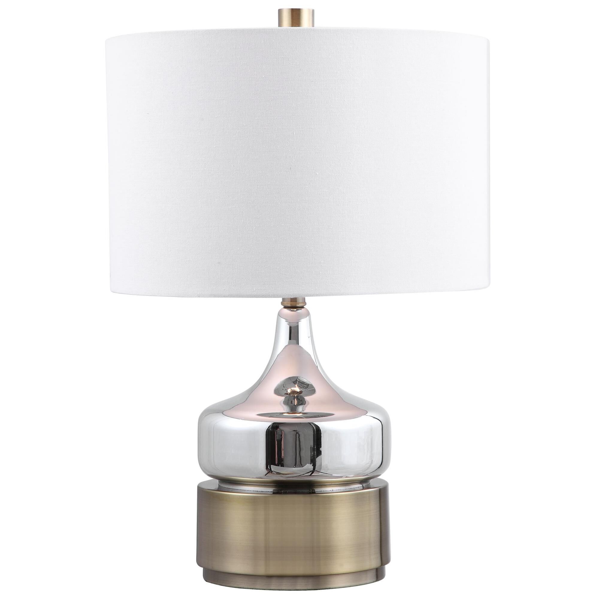 Shown in Paying Homage To Mid-Century Style, This Table Lamp Features A Chrome Plated Glass Base Displayed On finish and Round Drum Hardback shade