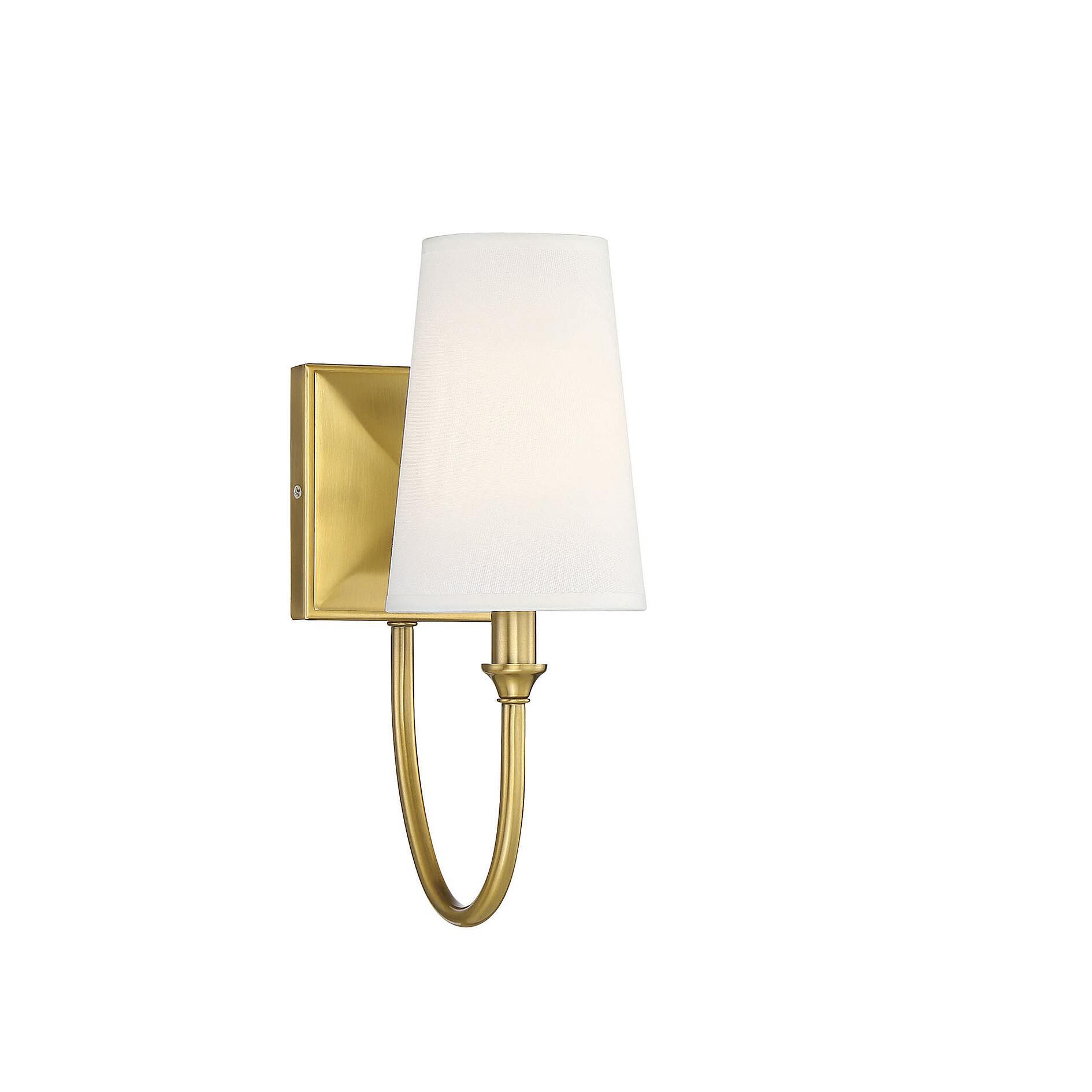 Shown in Warm Brass finish and White Fabric shade