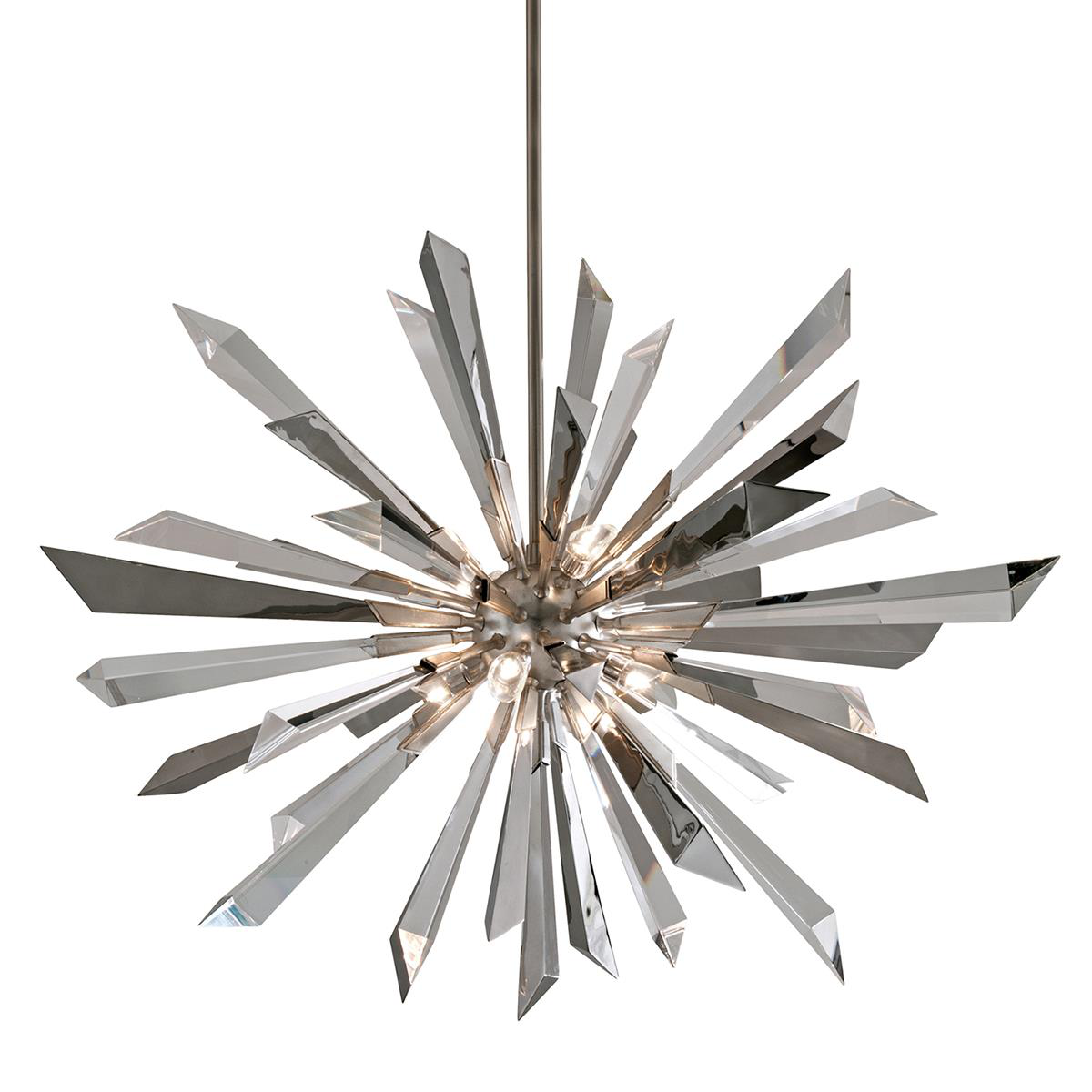Shown in Silver Leaf finish and Polished Staineless Prisms crystal and Clear, Polished Stainless glass and Crystal, Metal shade