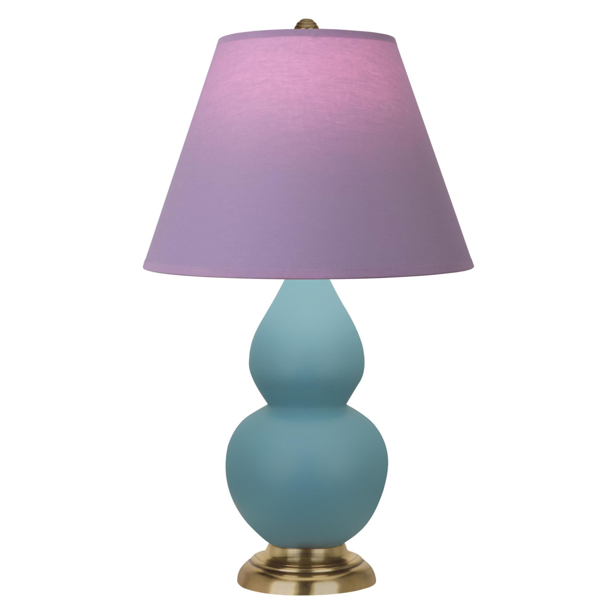 Shown in Matte Steel Blue finish and Lavender and Plum shade and Antique Brass accent