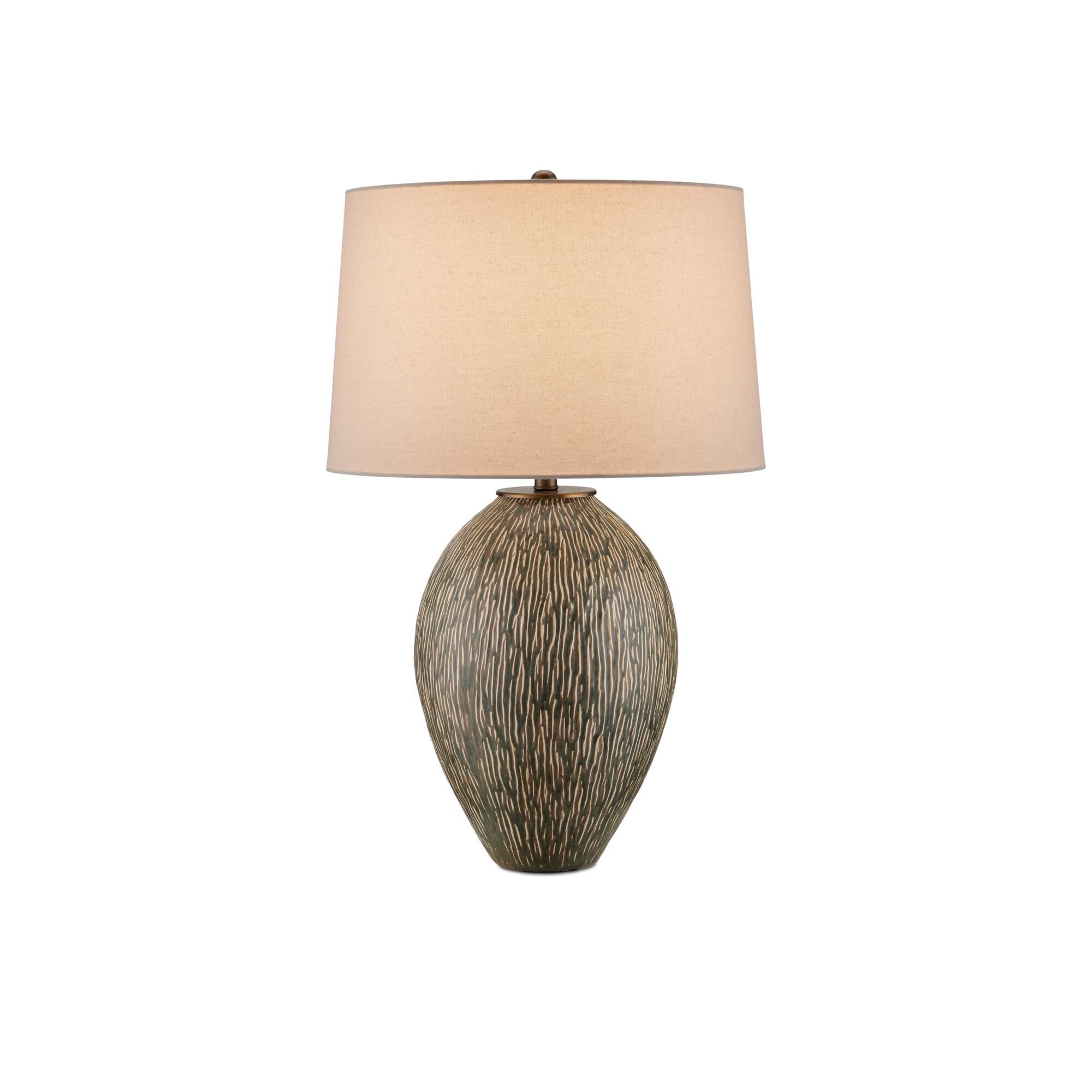Shown in Olive Green/Beige/Off-White/Antique Brass finish and Light Beige Linen shade