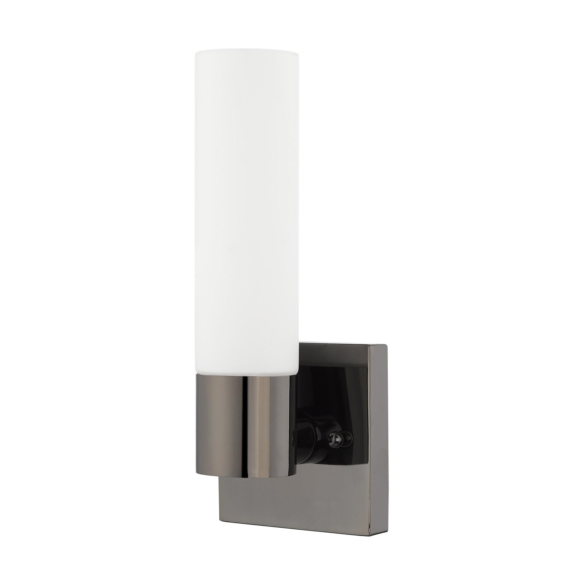Shown in Black Chrome finish and Hand Blown Satin Opal White Twist Lock glass