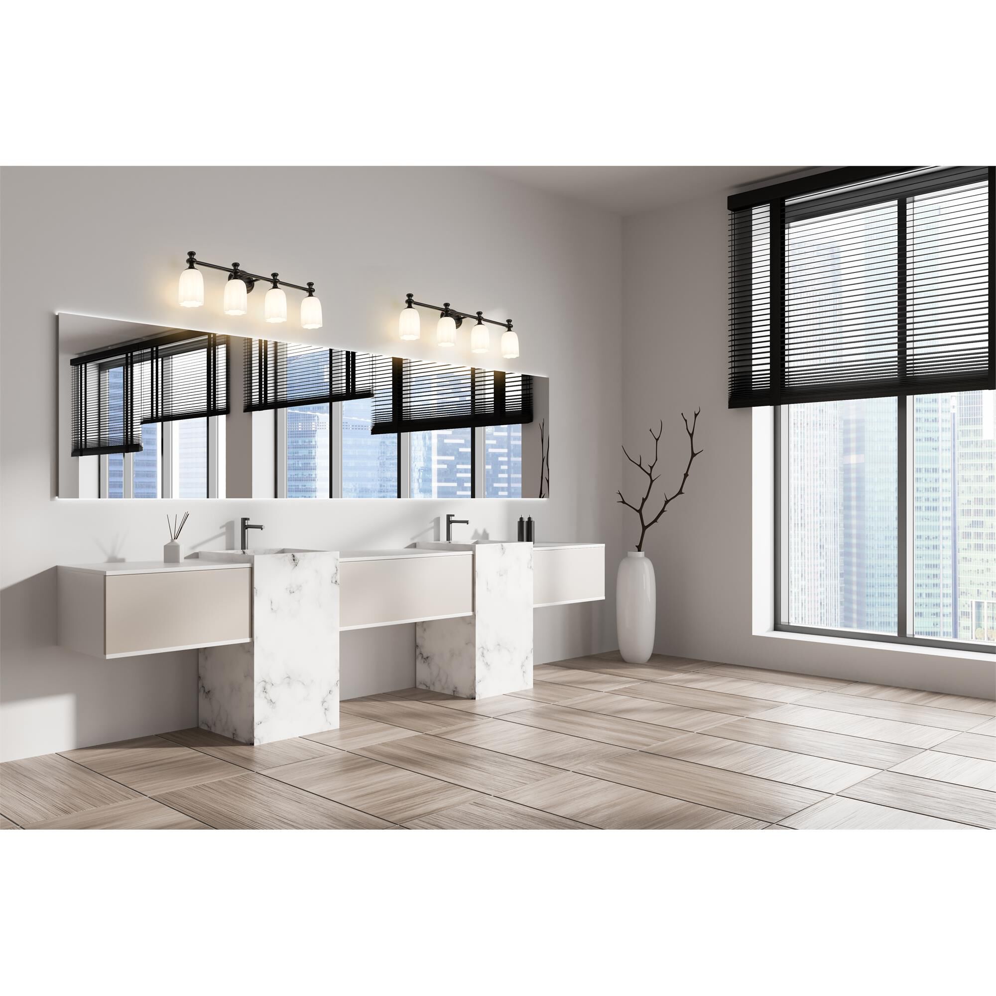 Shown in Matte Black finish and Opal Etched glass and Opal Etched shade