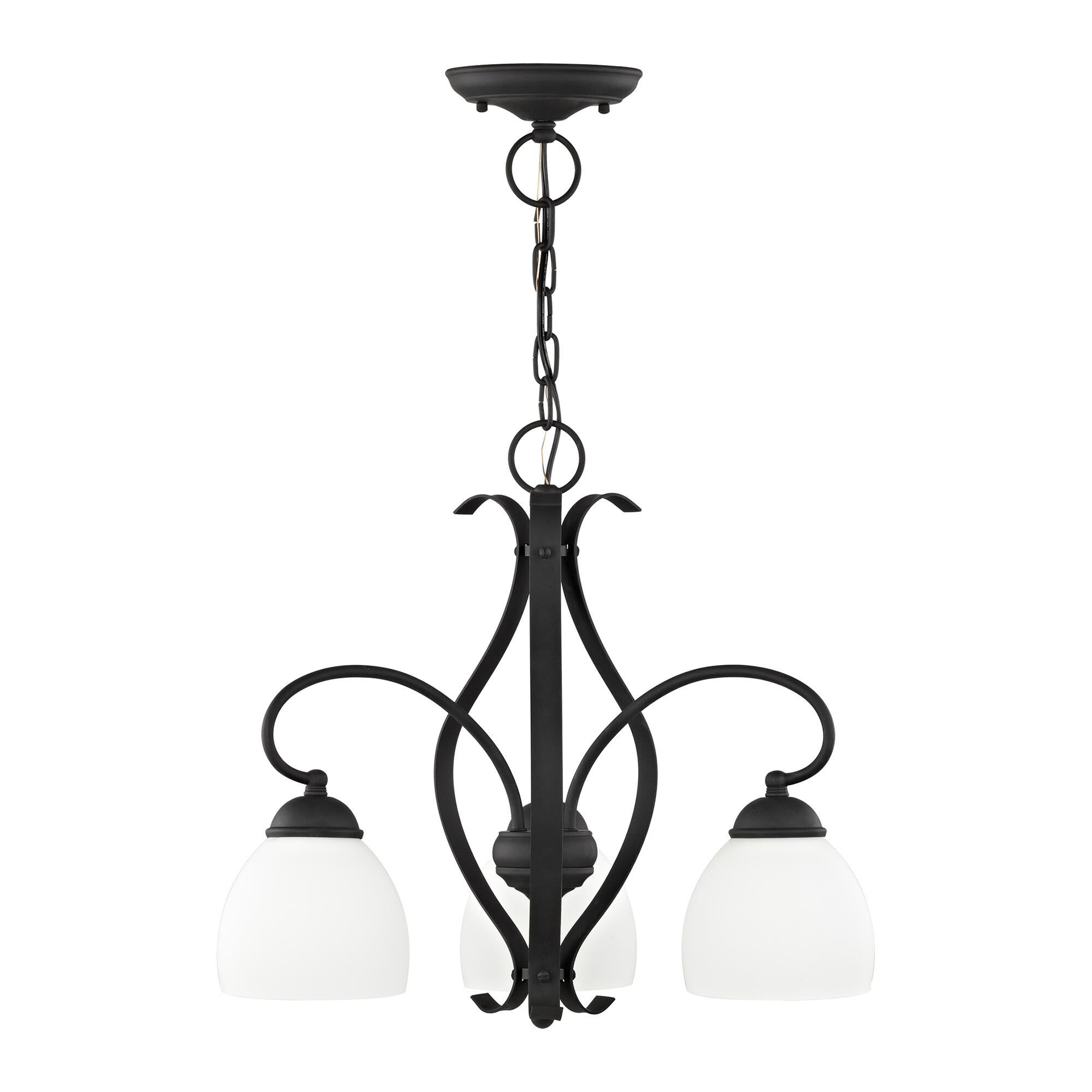 Shown in Black finish and Hand Blown Satin Opal White glass