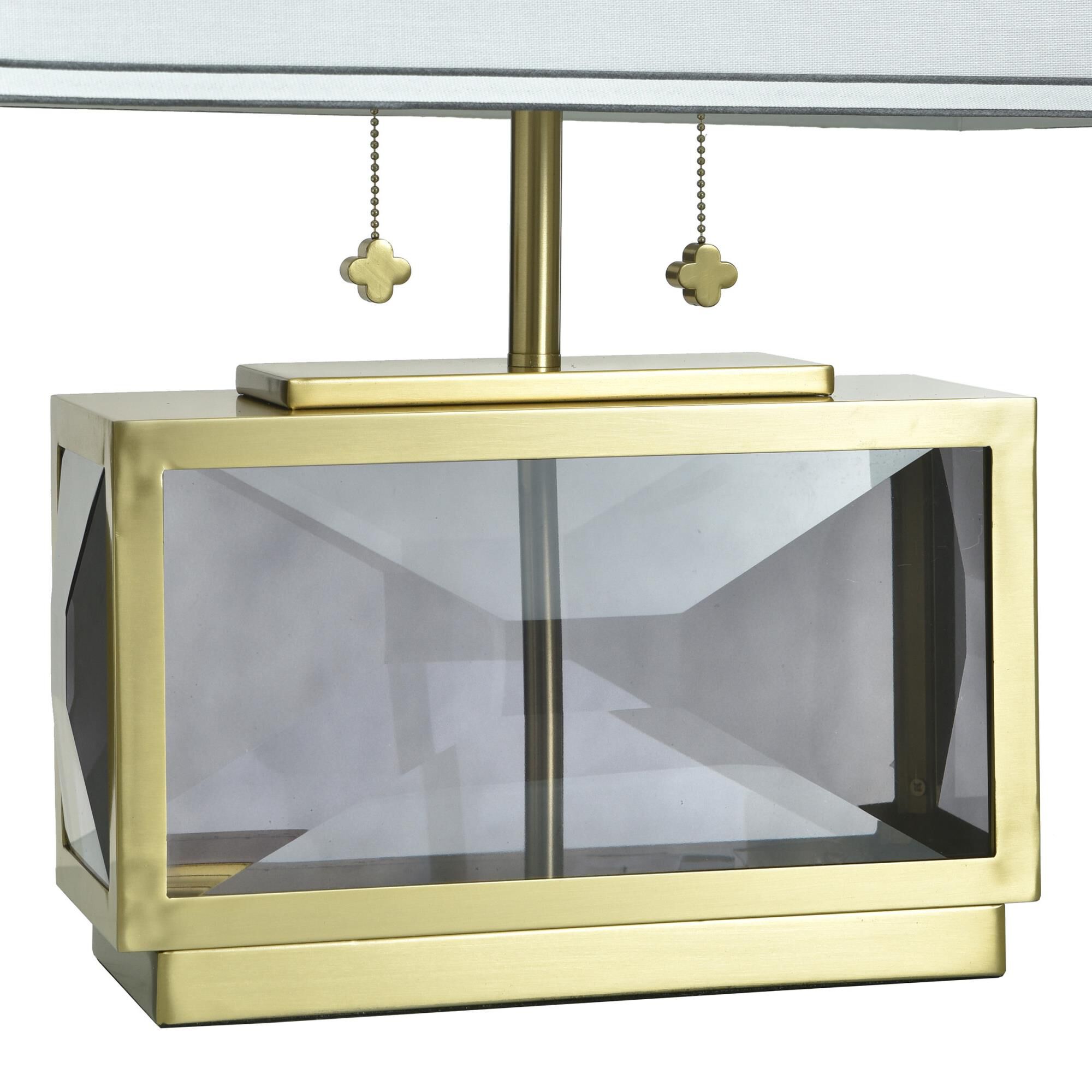 Shown in Polished Brass and Smoke Gray finish and Off-White With Black Double-Lined Trim shade