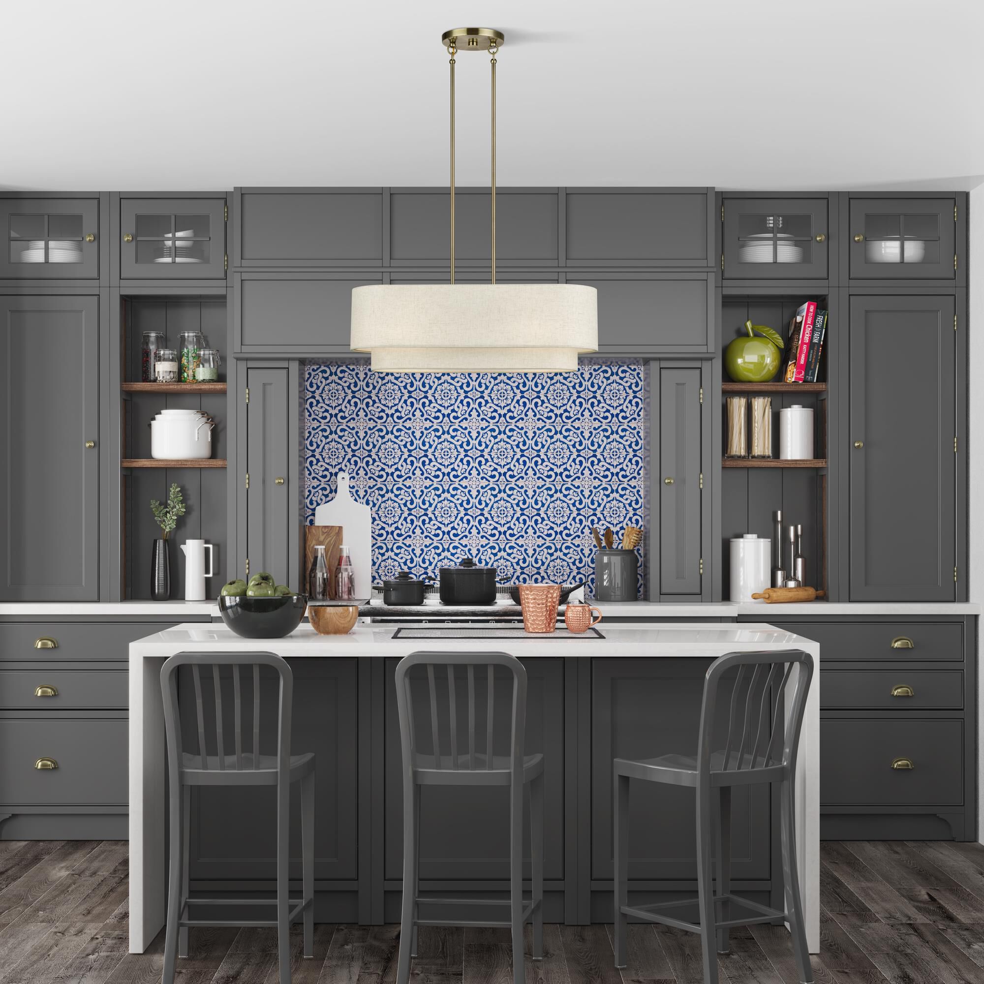 Shown in Antique Brass finish and Hand Crafted Oatmeal Color Fabric with White Color Inside shade