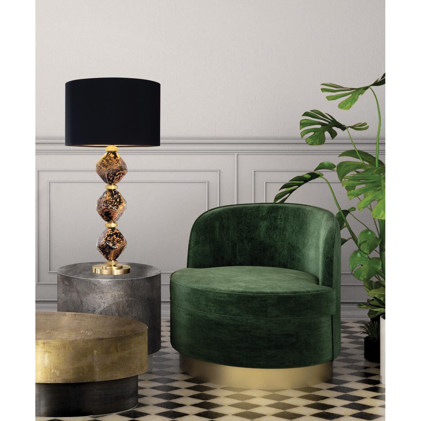 Shown in Brass finish and Beige Fabric shade