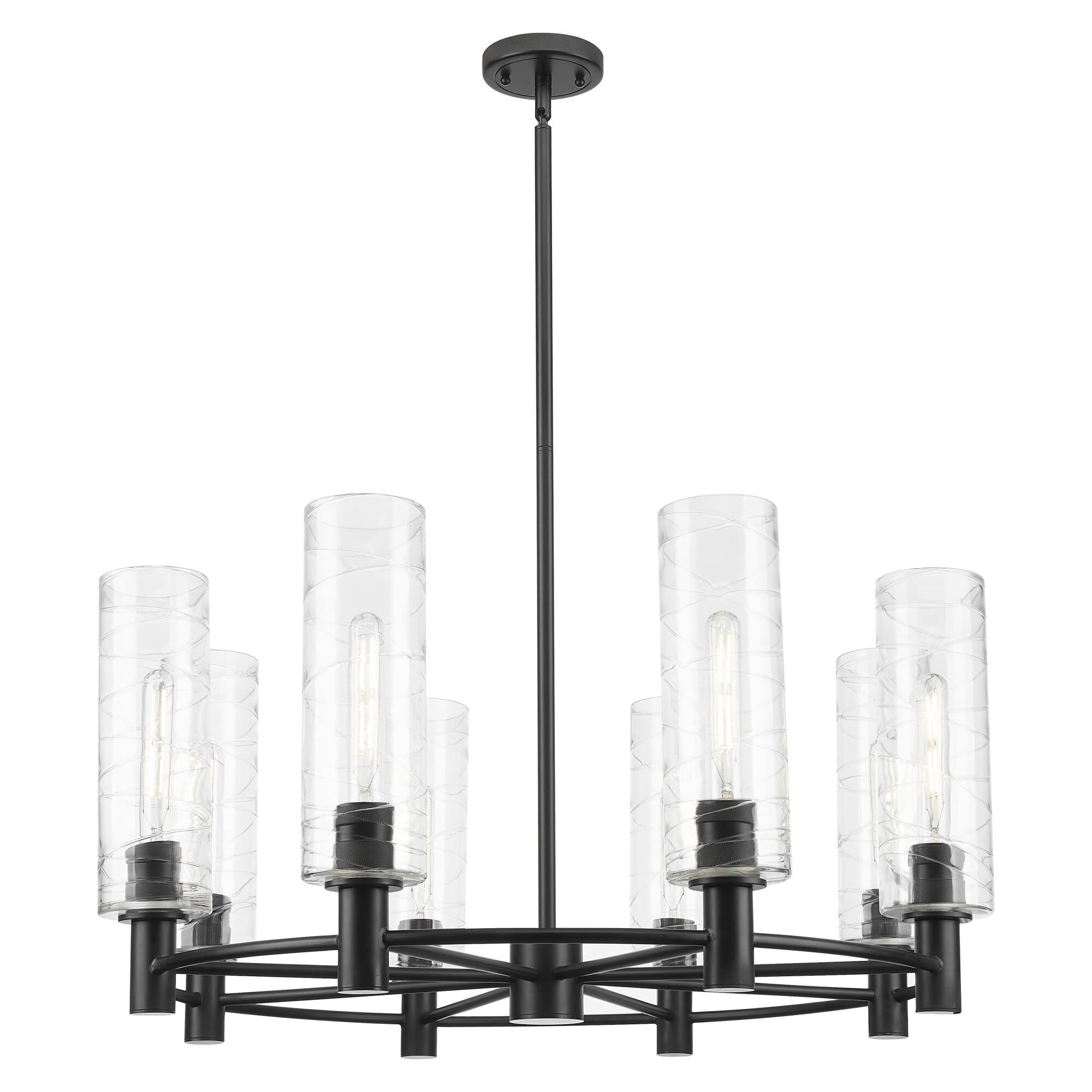 Shown in Matte Black finish and Deco Swirl glass