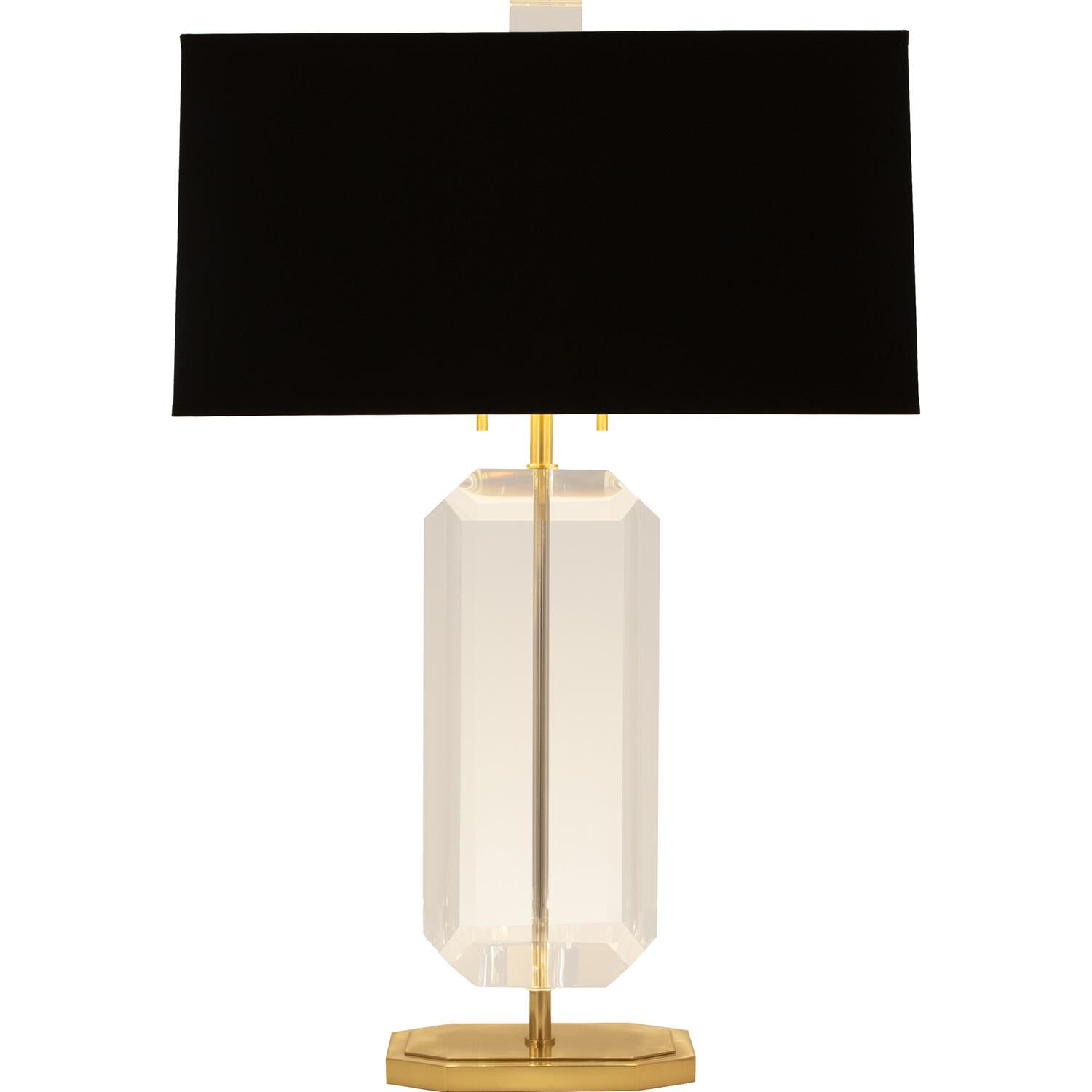 Shown in Modern Brass finish and Satin Black shade and Lucite Crystal accent
