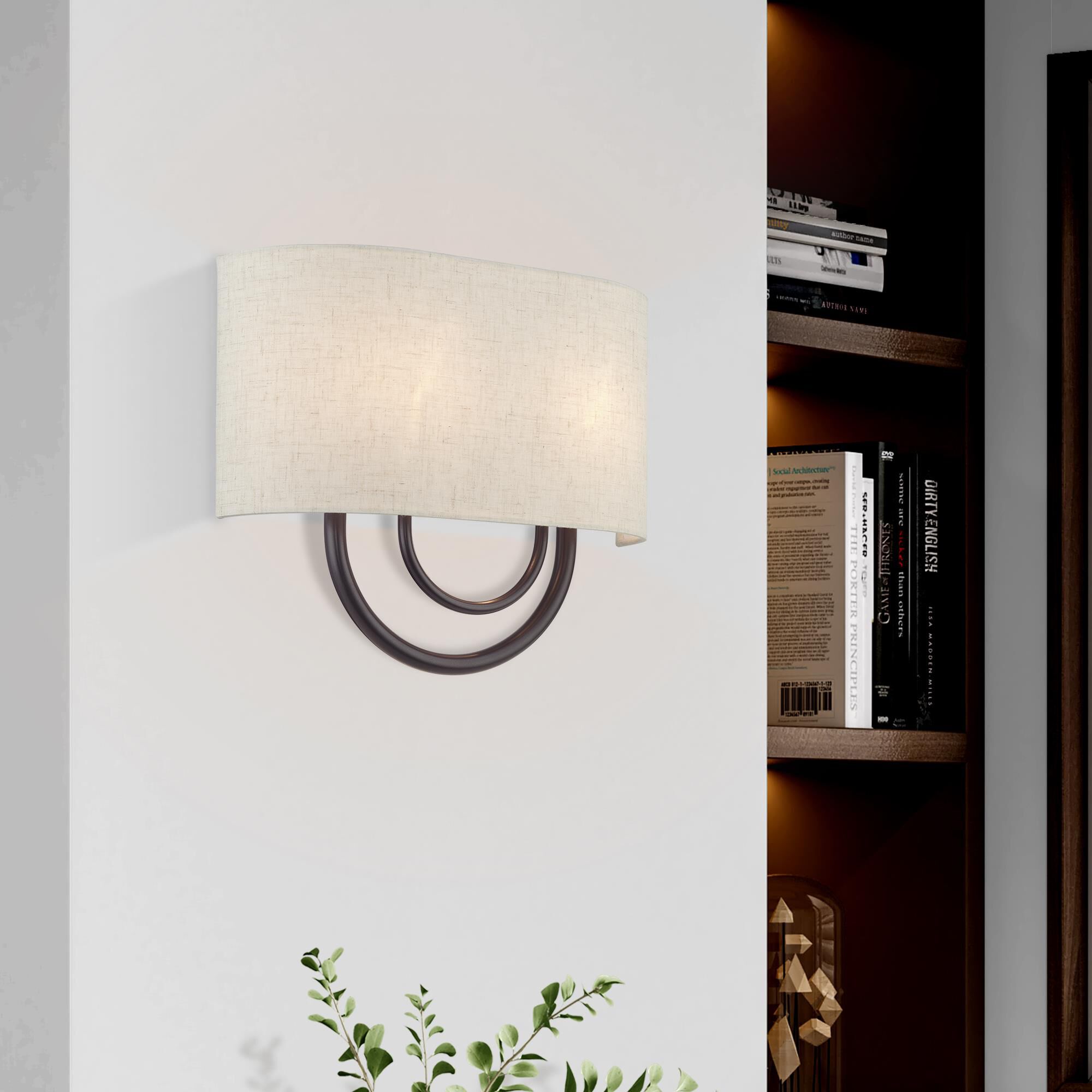 Shown in English Bronze finish and Hand Crafted Oatmeal Color Fabric Hardback with White Fabric Inside shade