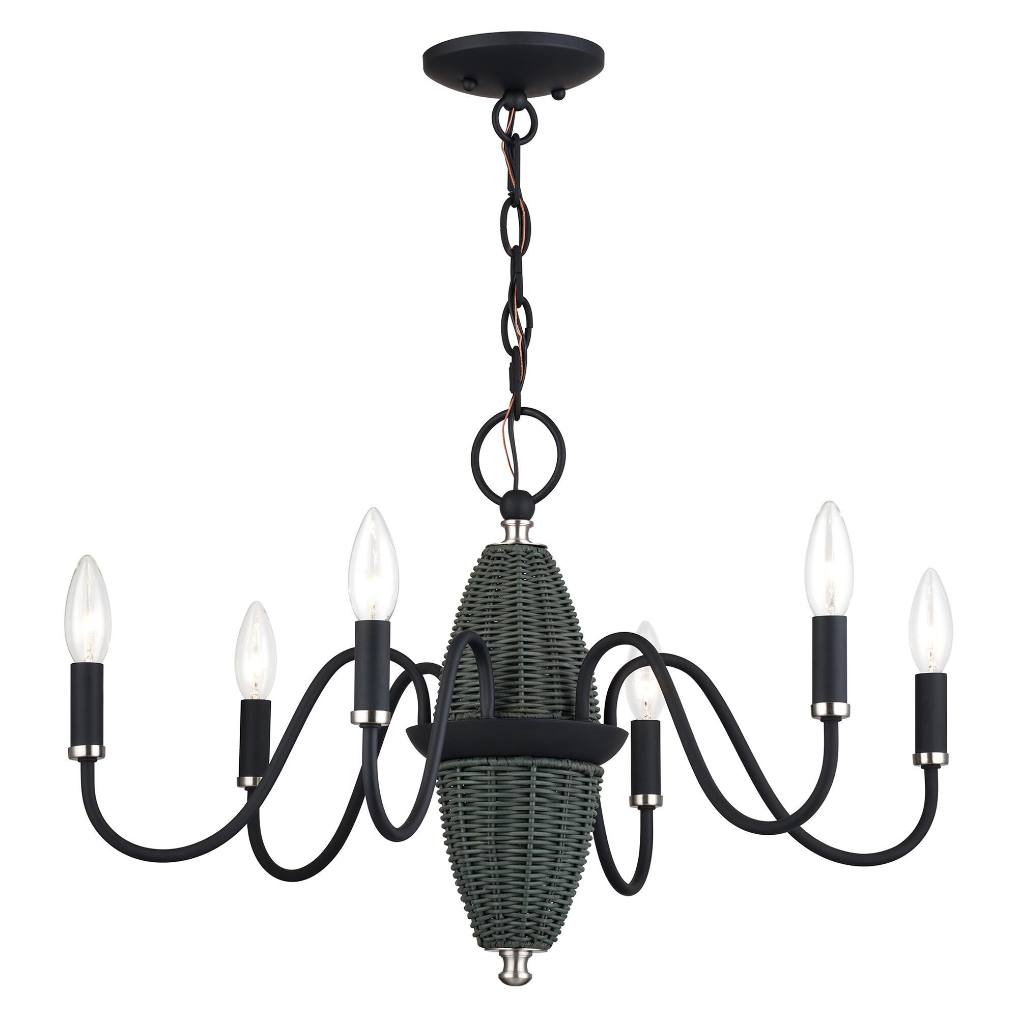 Shown in Black with Brushed Nickel Accents finish and Hand-Woven Charred Gray Color Rattan Column shade