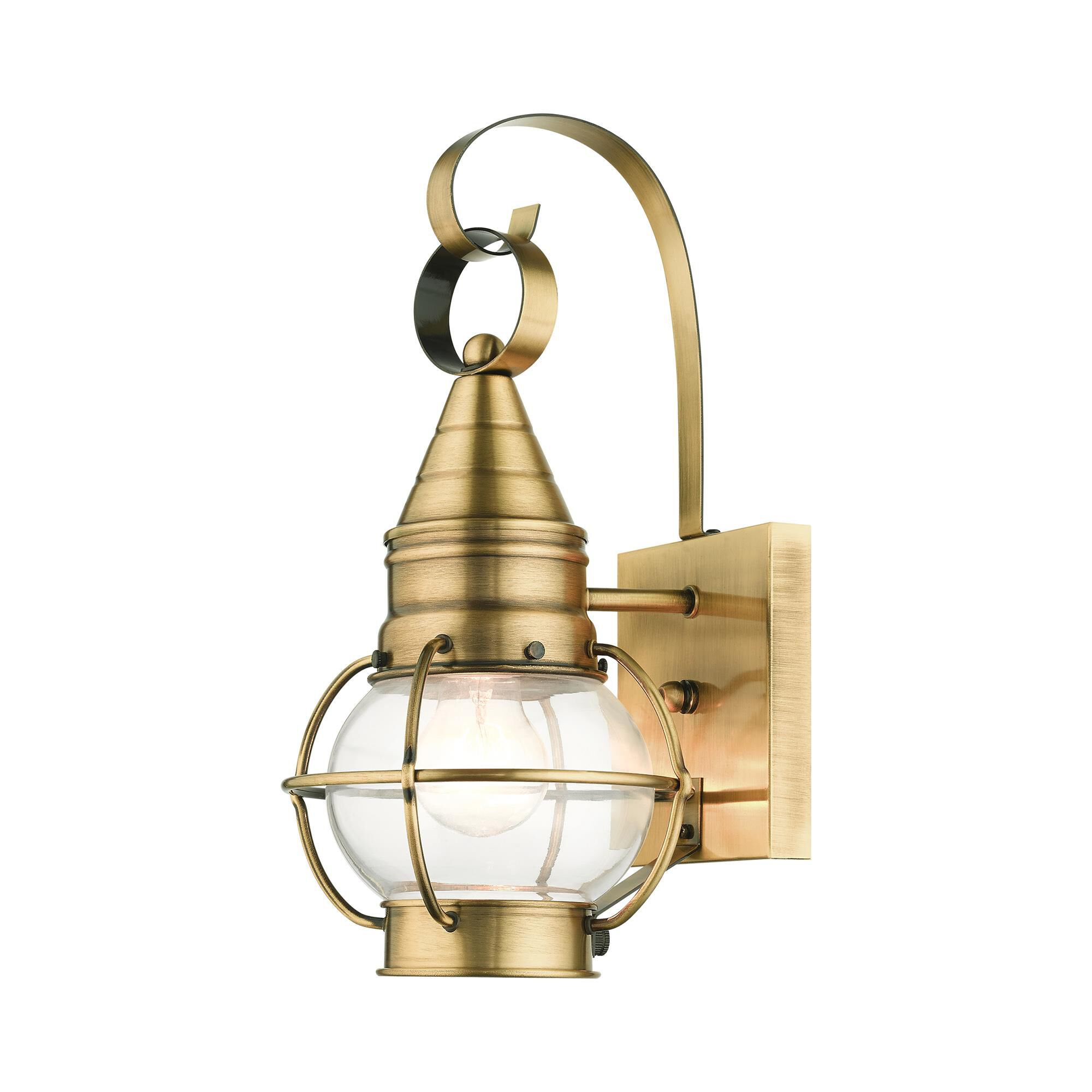 Shown in Antique Brass finish and Hand Blown Clear glass