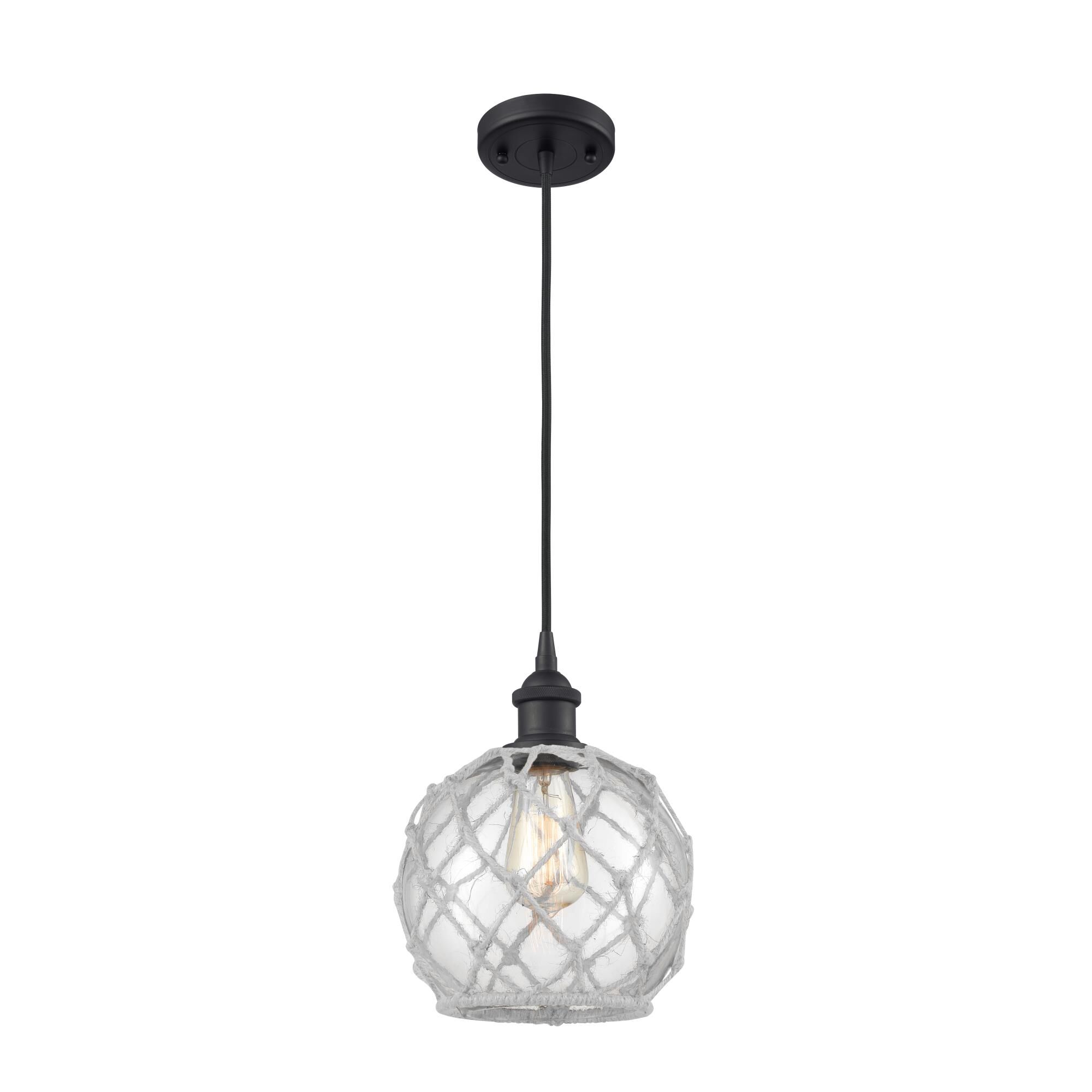 Shown in Matte Nickel finish and Clear With White Rope glass